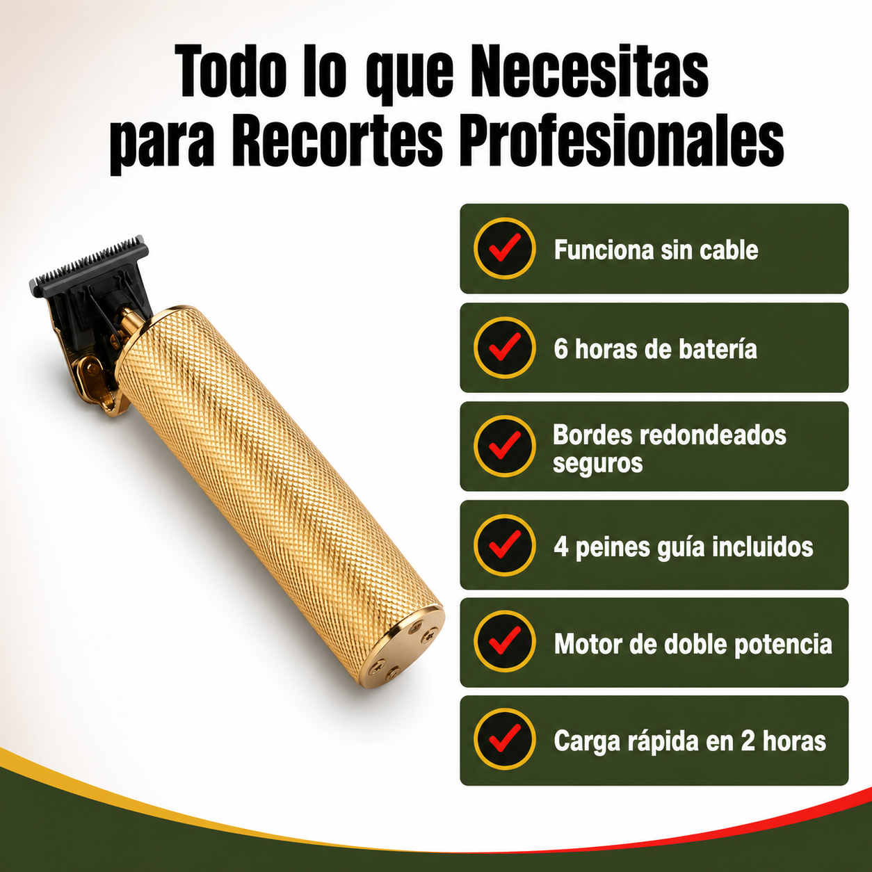 Lista de beneficios de la recortadora: sin cable, 6 horas de batería, bordes seguros y 4 peines guía