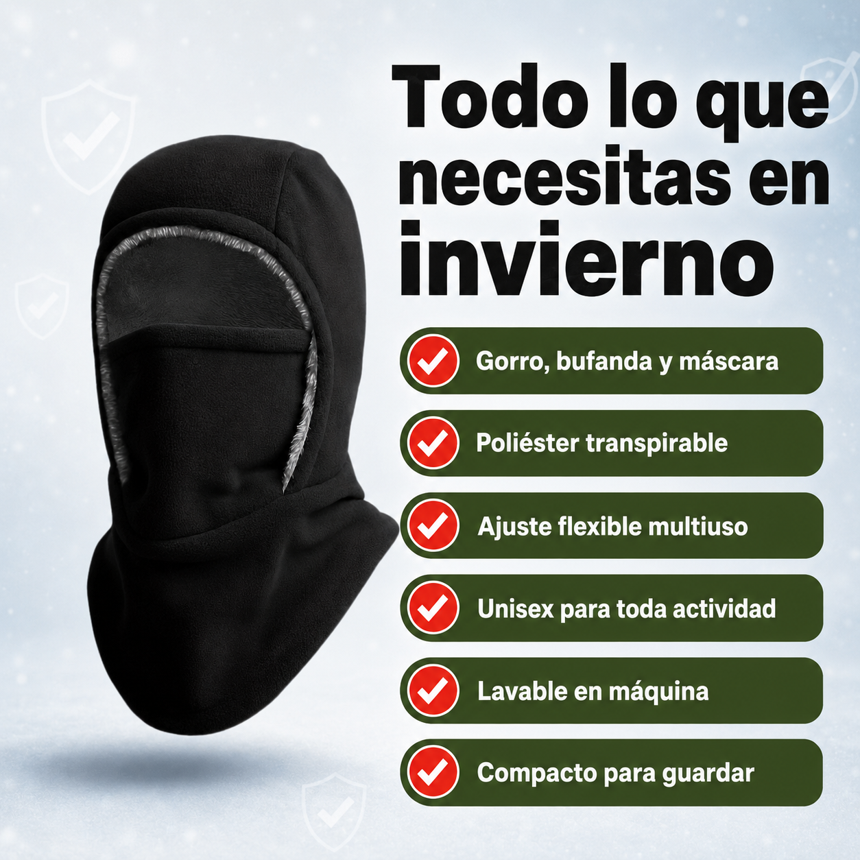 Infografía con los beneficios principales del pasamontañas multifuncional de invierno