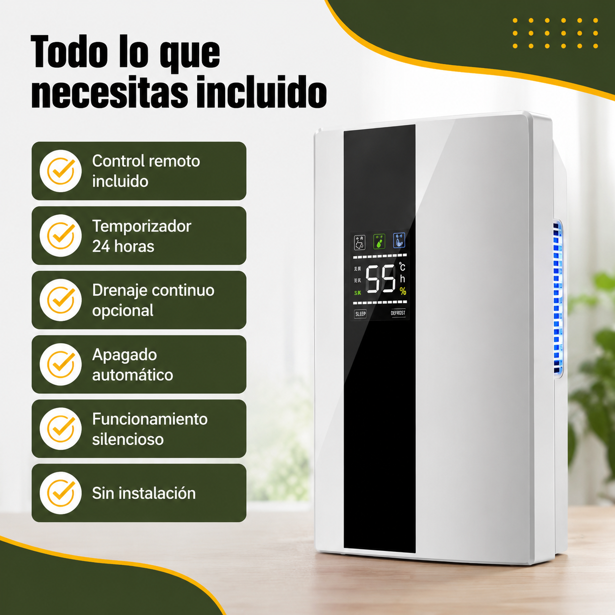 Infografía con las ventajas del deshumidificador: control remoto, temporizador, drenaje continuo y funcionamiento silencioso