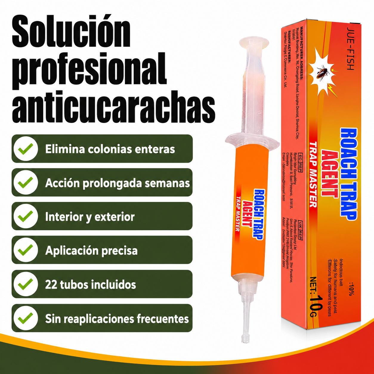 Infografía con lista de beneficios del gel anticucarachas: elimina colonias, acción prolongada, fácil aplicación