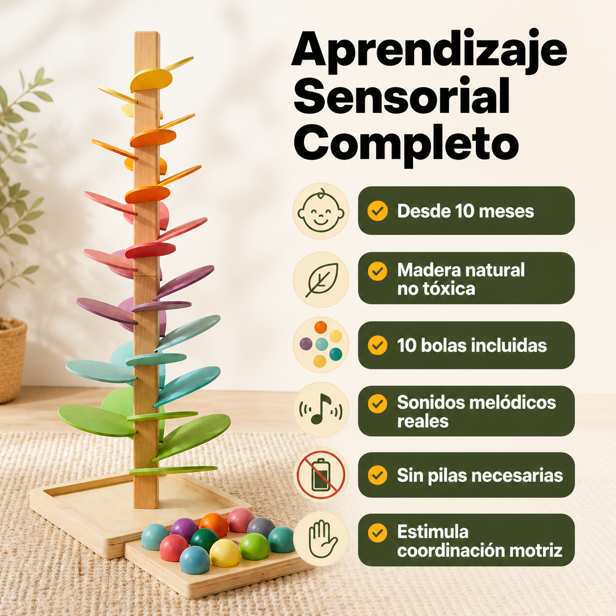 Lista de beneficios del juguete educativo torre de bolas: desarrollo sensorial, aprendizaje de física, causa-efecto y materiales seguros