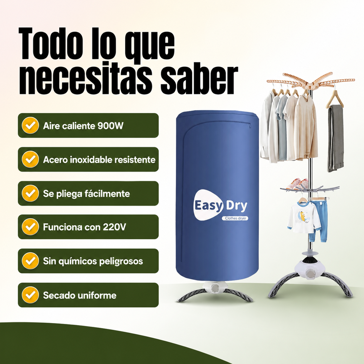 Lista de beneficios del tendedero eléctrico: plegable, 900W, acero inoxidable, hasta 5kg