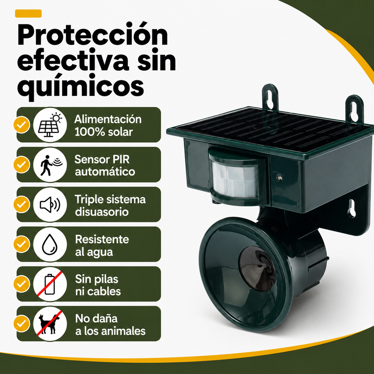 Características principales del ahuyentador de animales: solar, sensor PIR, ultrasonidos y resistente al agua