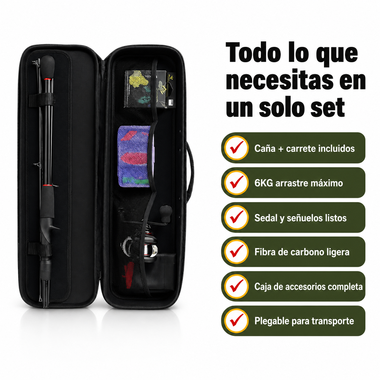 Infografía con lista de beneficios del set de pesca: portátil, completo, 6KG arrastre, fibra de carbono