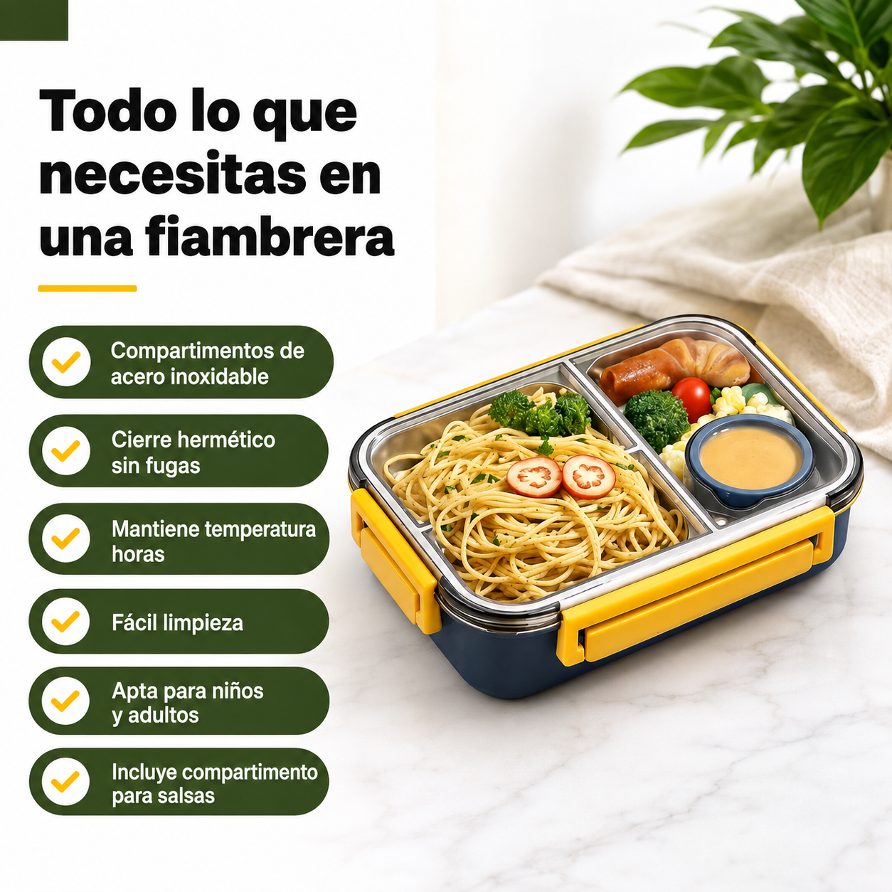 Lista de beneficios de la fiambrera: compartimentos separados, cierre hermético, acero inoxidable y diseño compacto