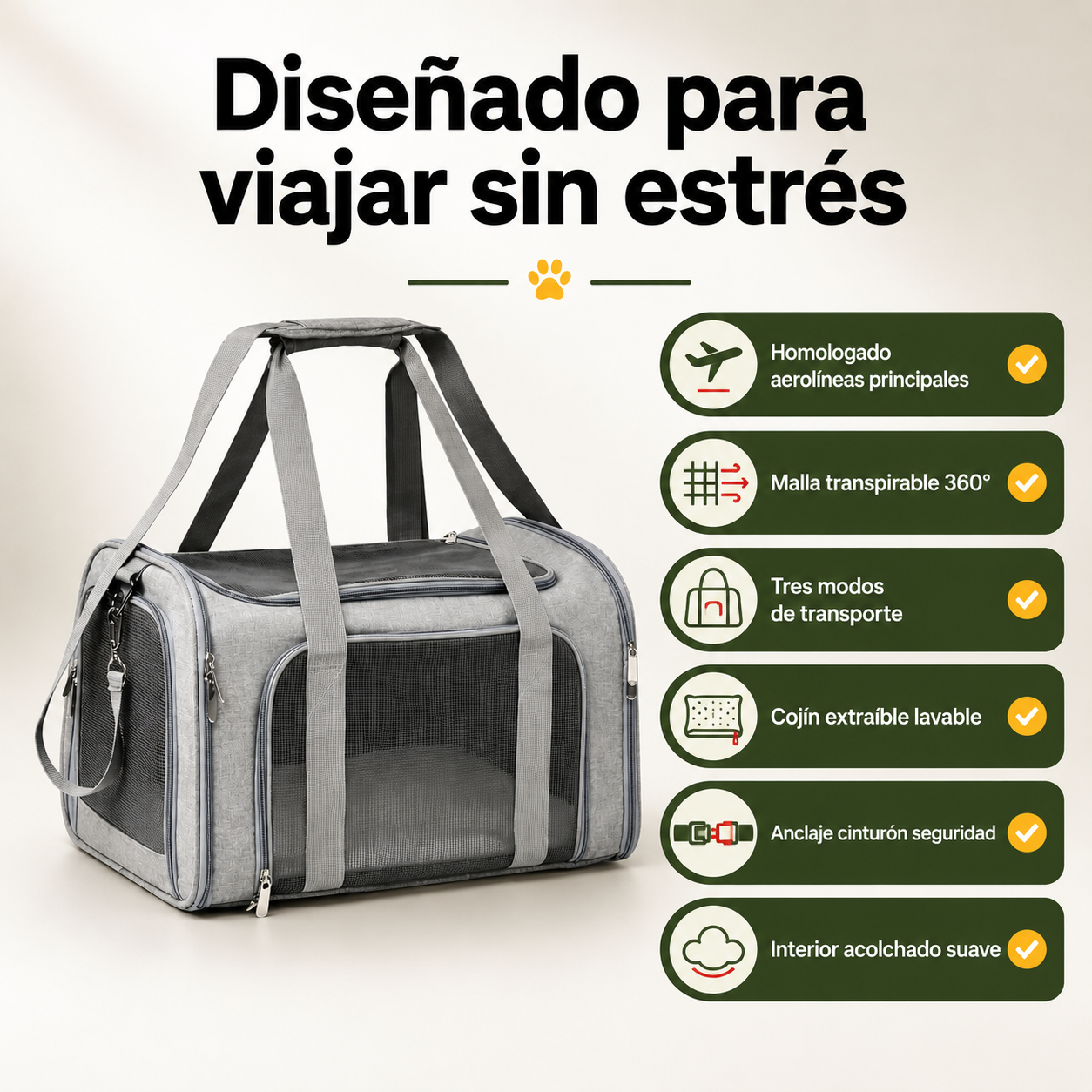 Infografía con ventajas del transportín: homologado aerolíneas, ventilación mesh, tres modos de transporte y cojín lavable