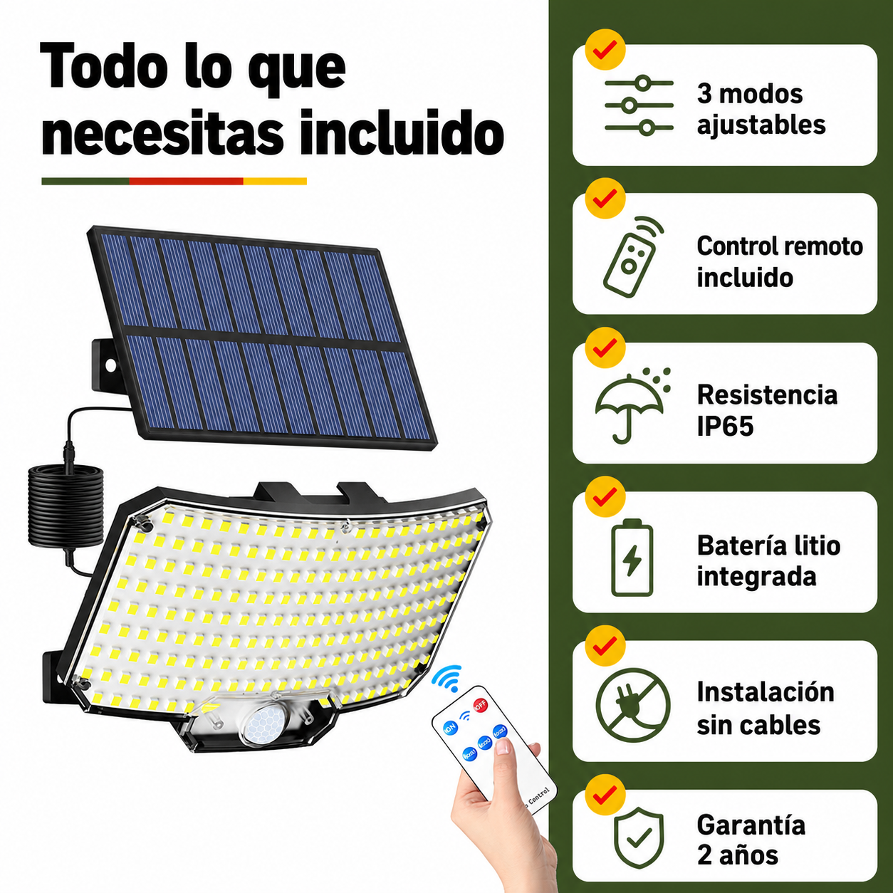 Diagrama de características del foco solar: tres modos, control remoto, sensor PIR y resistencia IP65