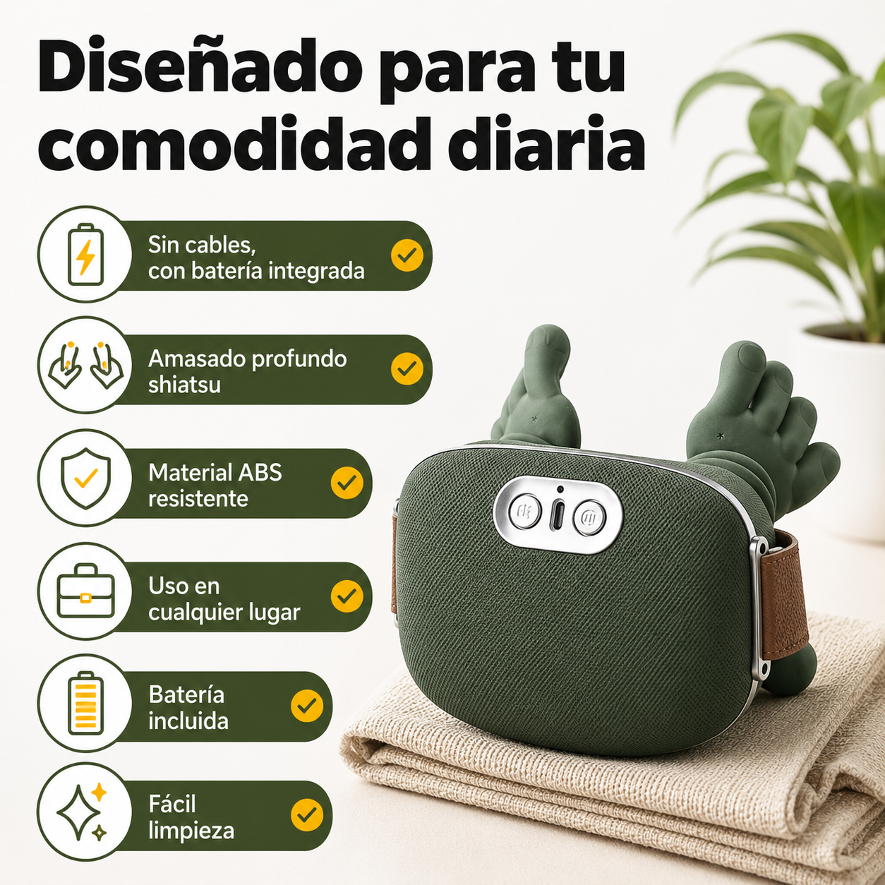Diagrama de beneficios del masajeador cervical eléctrico con iconos de características principales