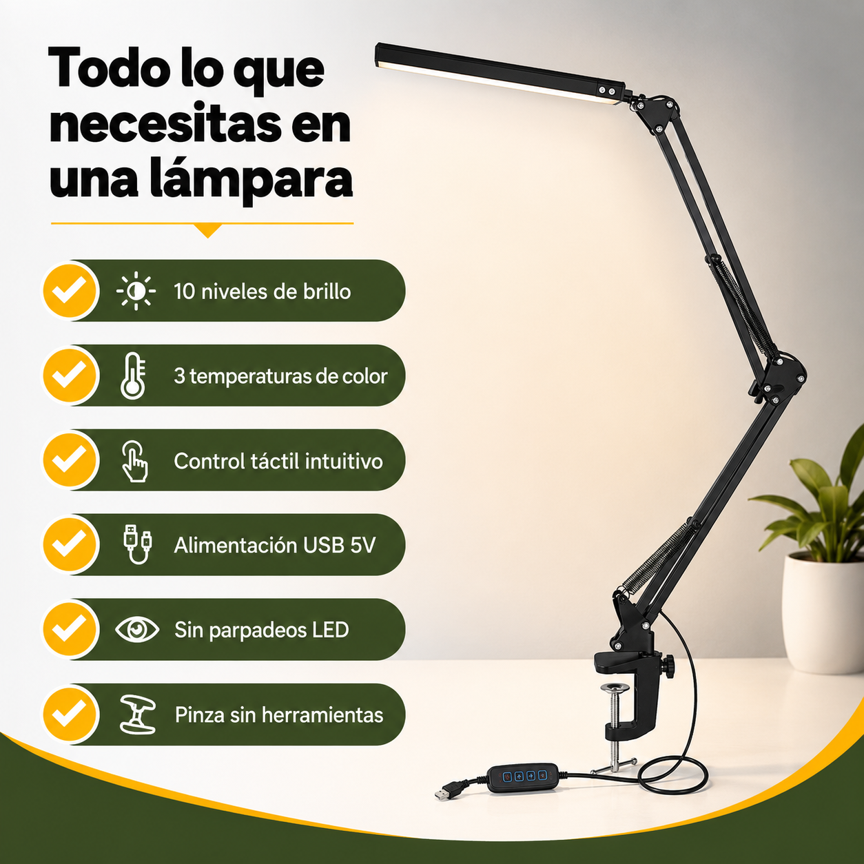 Infografía con lista de beneficios de la lámpara LED: 10 niveles de brillo, 3 modos de color, control táctil y alimentación USB