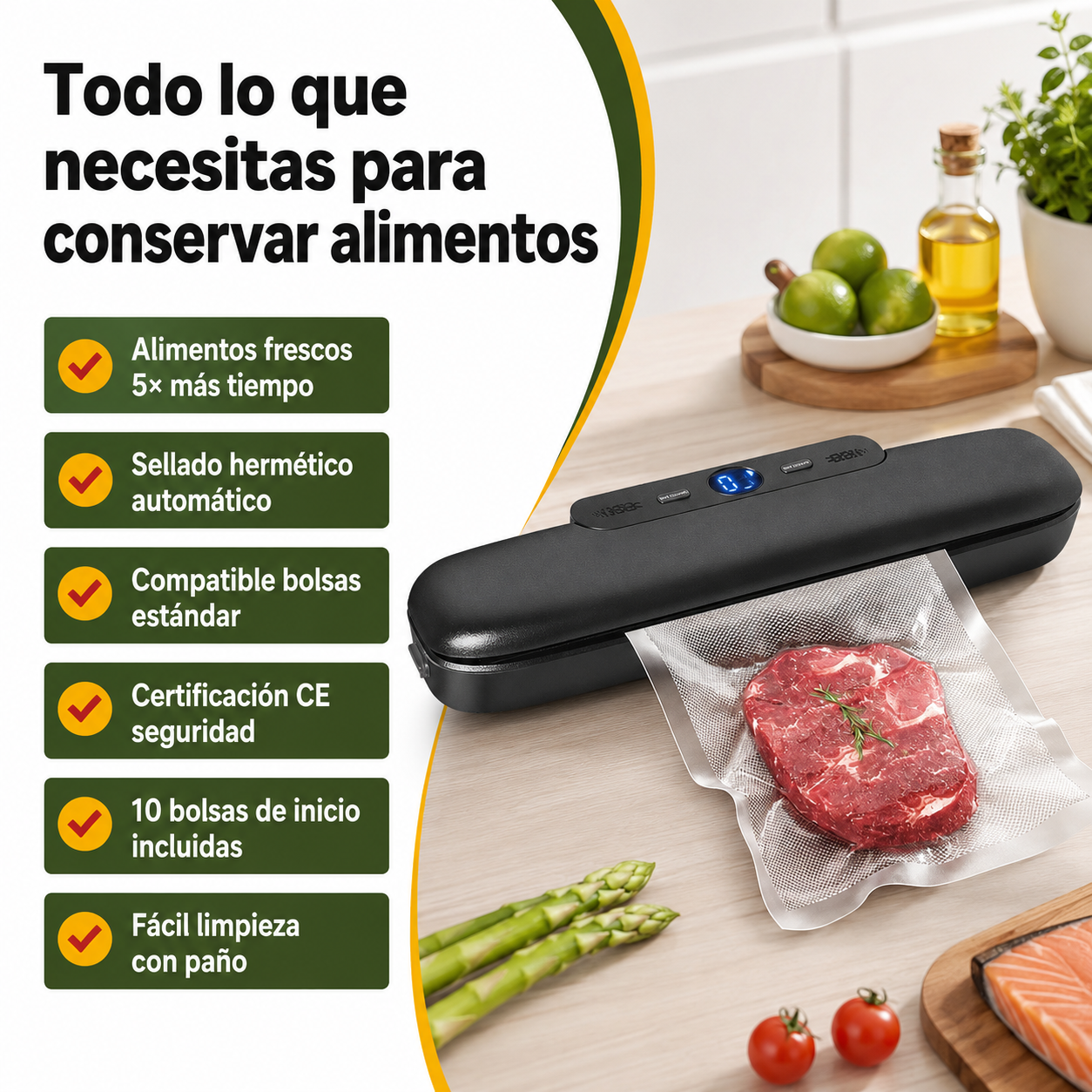 Diagrama de beneficios de la envasadora al vacío con iconos de conservación y sellado hermético