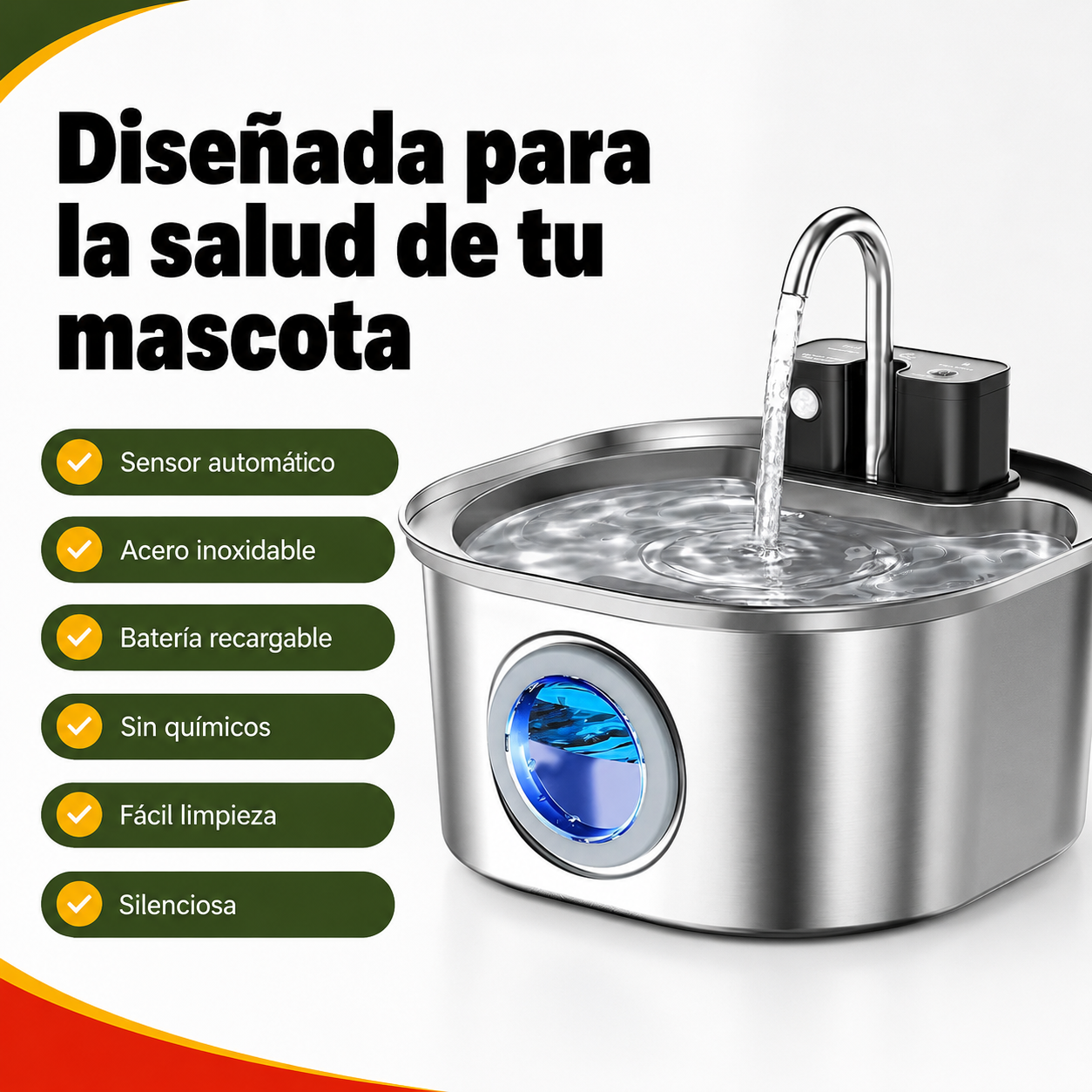 Lista de beneficios de la fuente de agua automática para gatos y perros con sensor y batería recargable