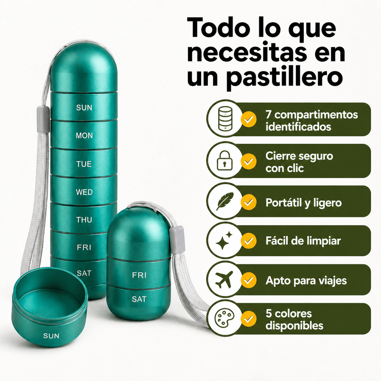 Lista de beneficios del pastillero semanal: 7 compartimentos identificados, portátil, fácil apertura, apto para viajes