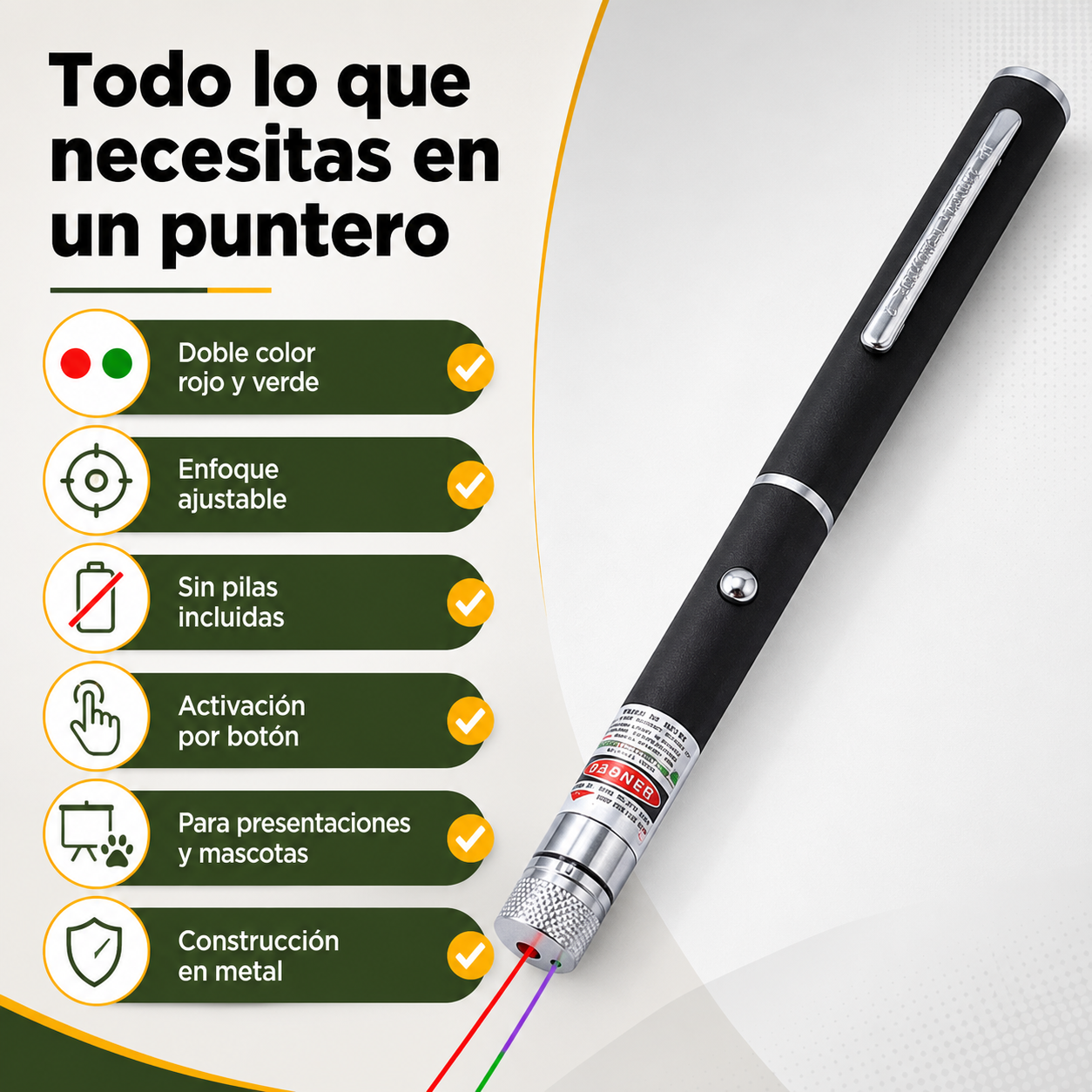 Diagrama de beneficios del puntero láser dual con iconos de características principales