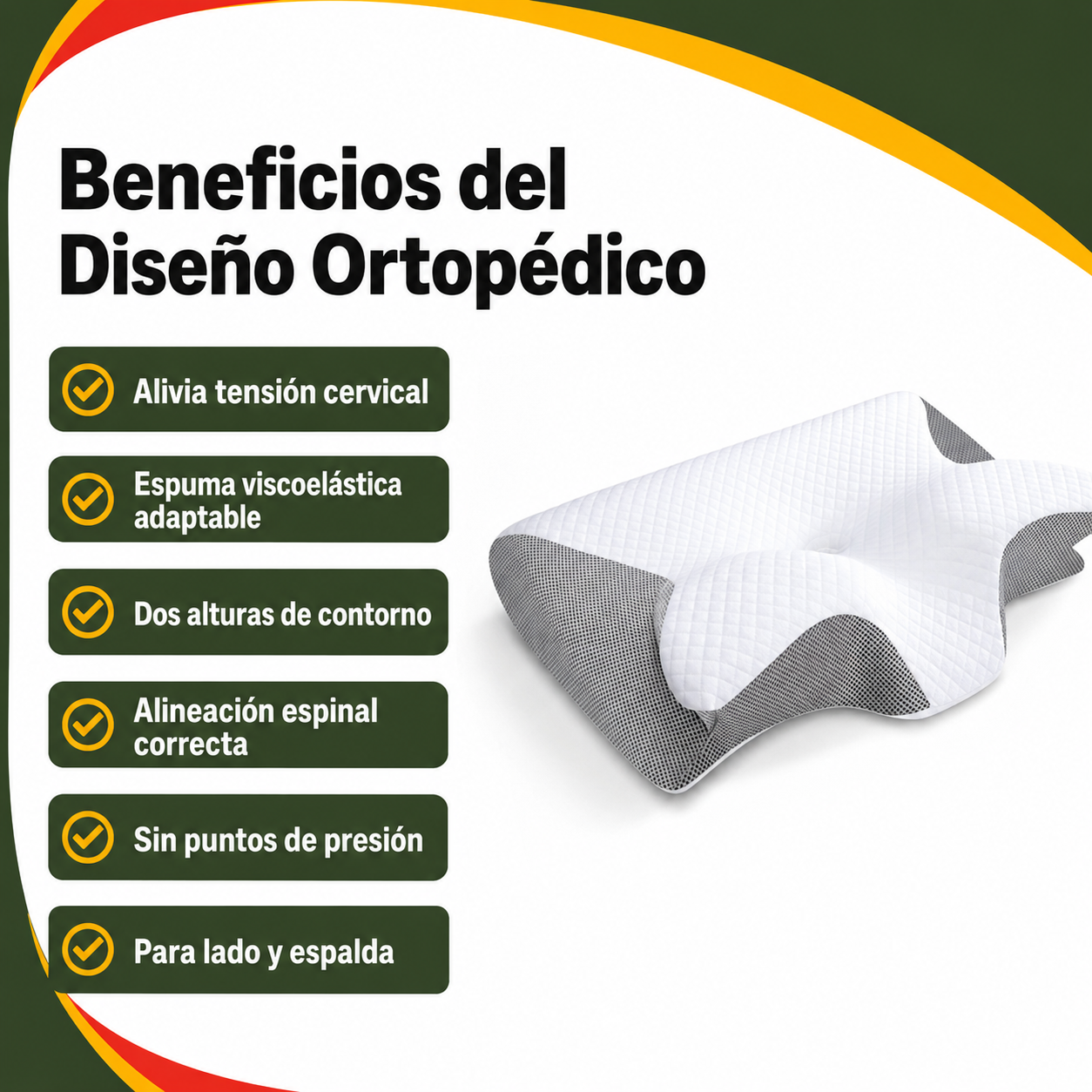 Diagrama de beneficios de la almohada cervical ortopédica con espuma viscoelástica y soporte ergonómico