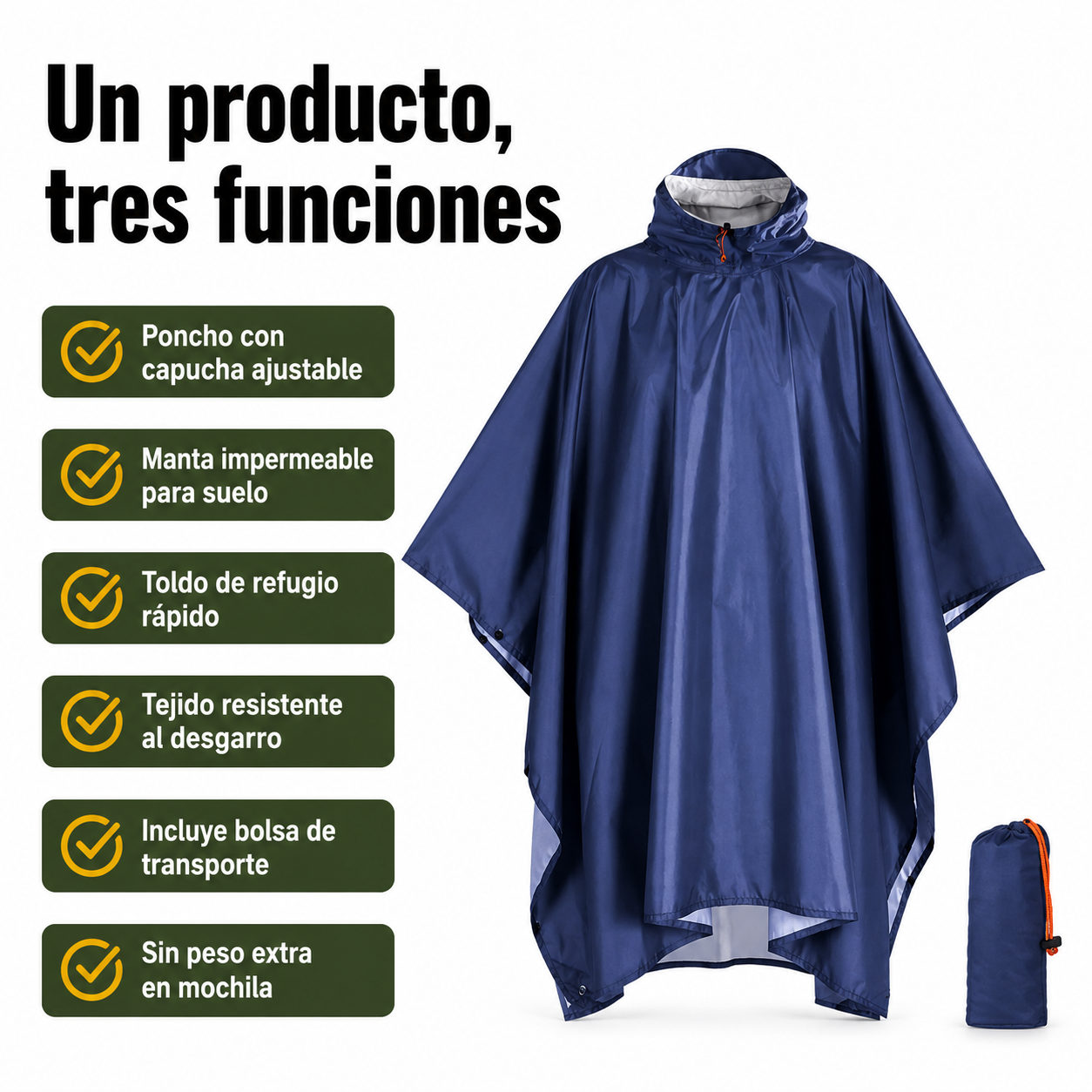 Diagrama de beneficios del poncho impermeable 3 en 1 destacando versatilidad y resistencia al agua