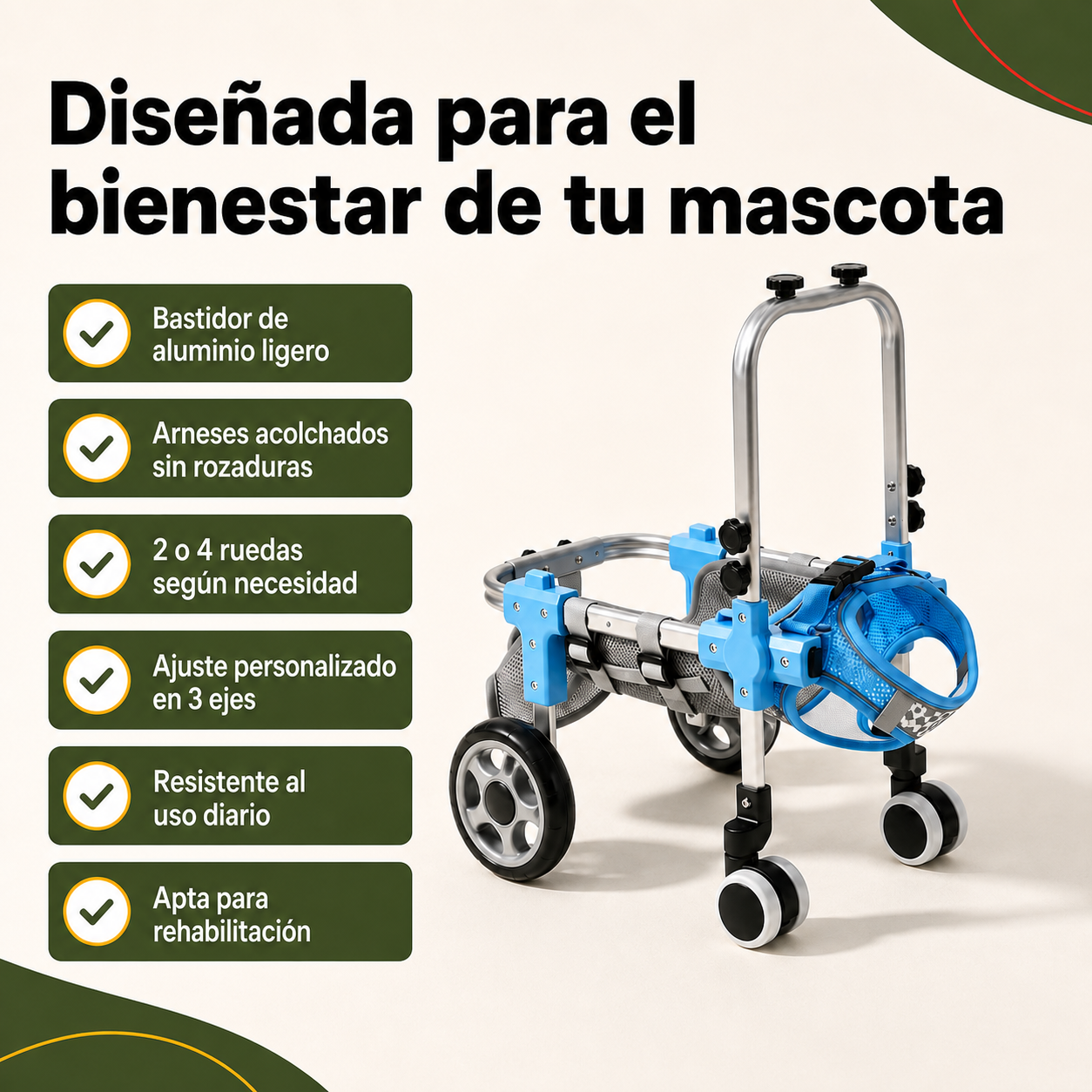 Lista de beneficios de la silla de ruedas para mascotas: ajustable, ligera, resistente, apta para rehabilitación