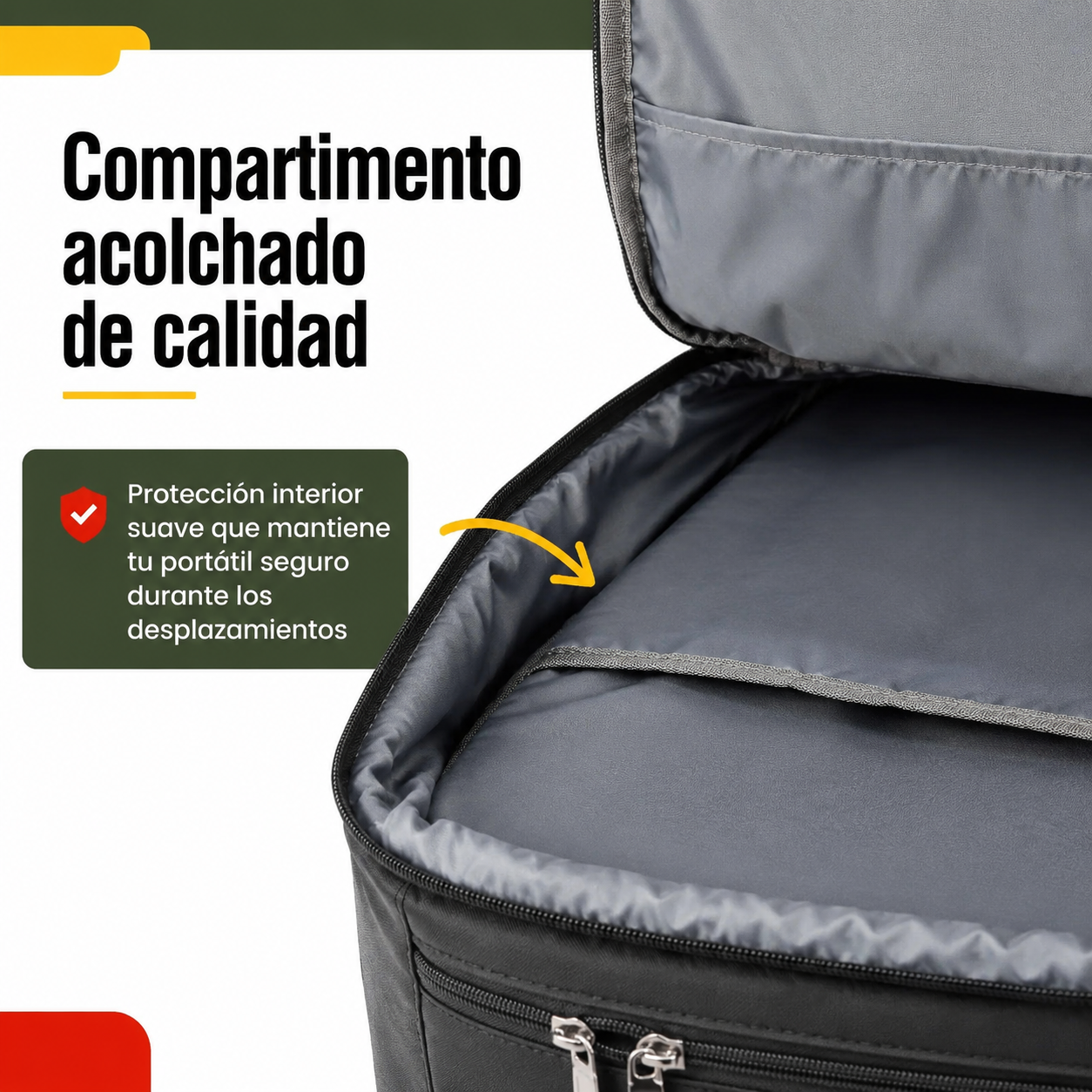 Detalle del compartimento interior acolchado para portátil con cremallera de calidad