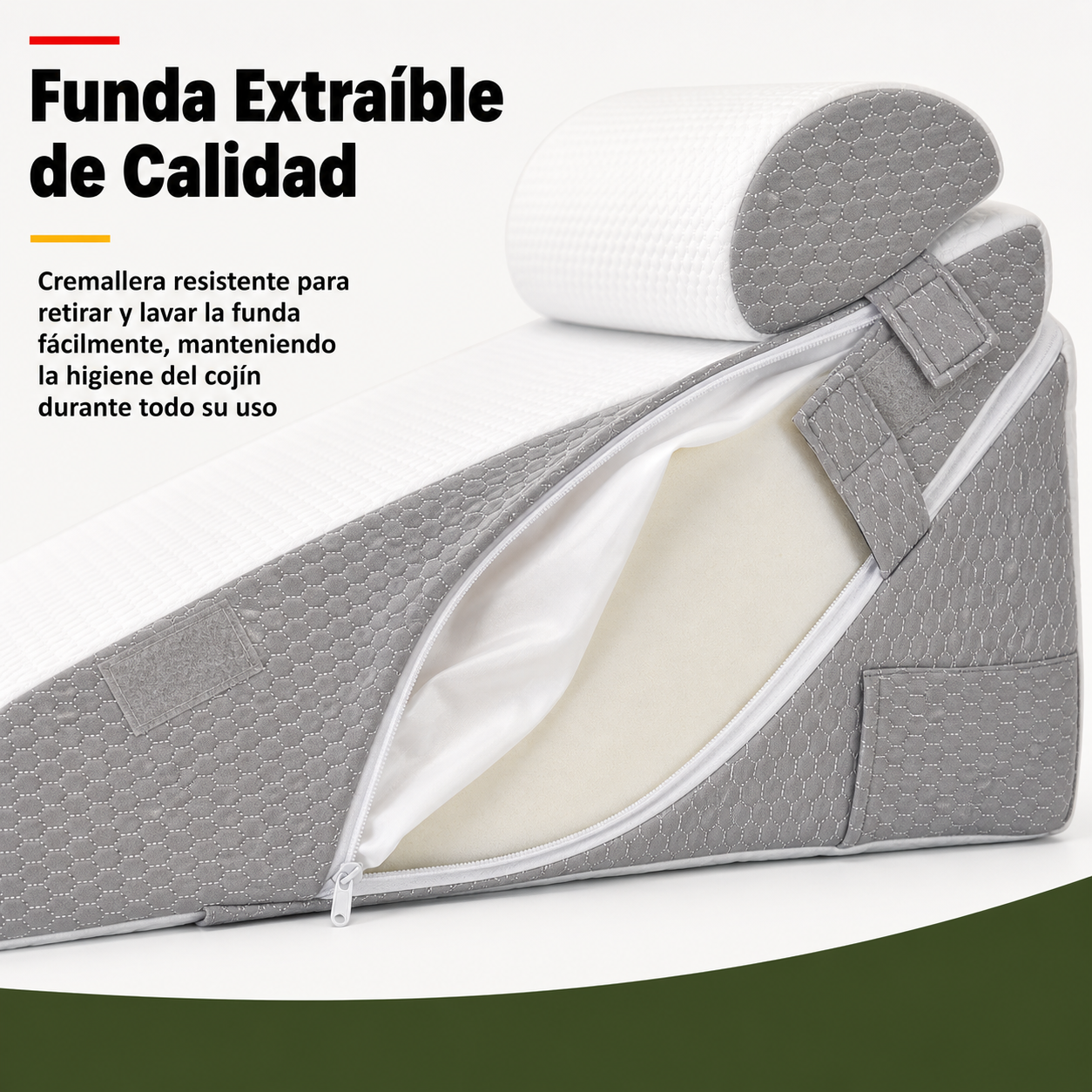 Detalle de la cremallera y textura de la funda extraíble del cojín cuña mostrando la calidad del acabado