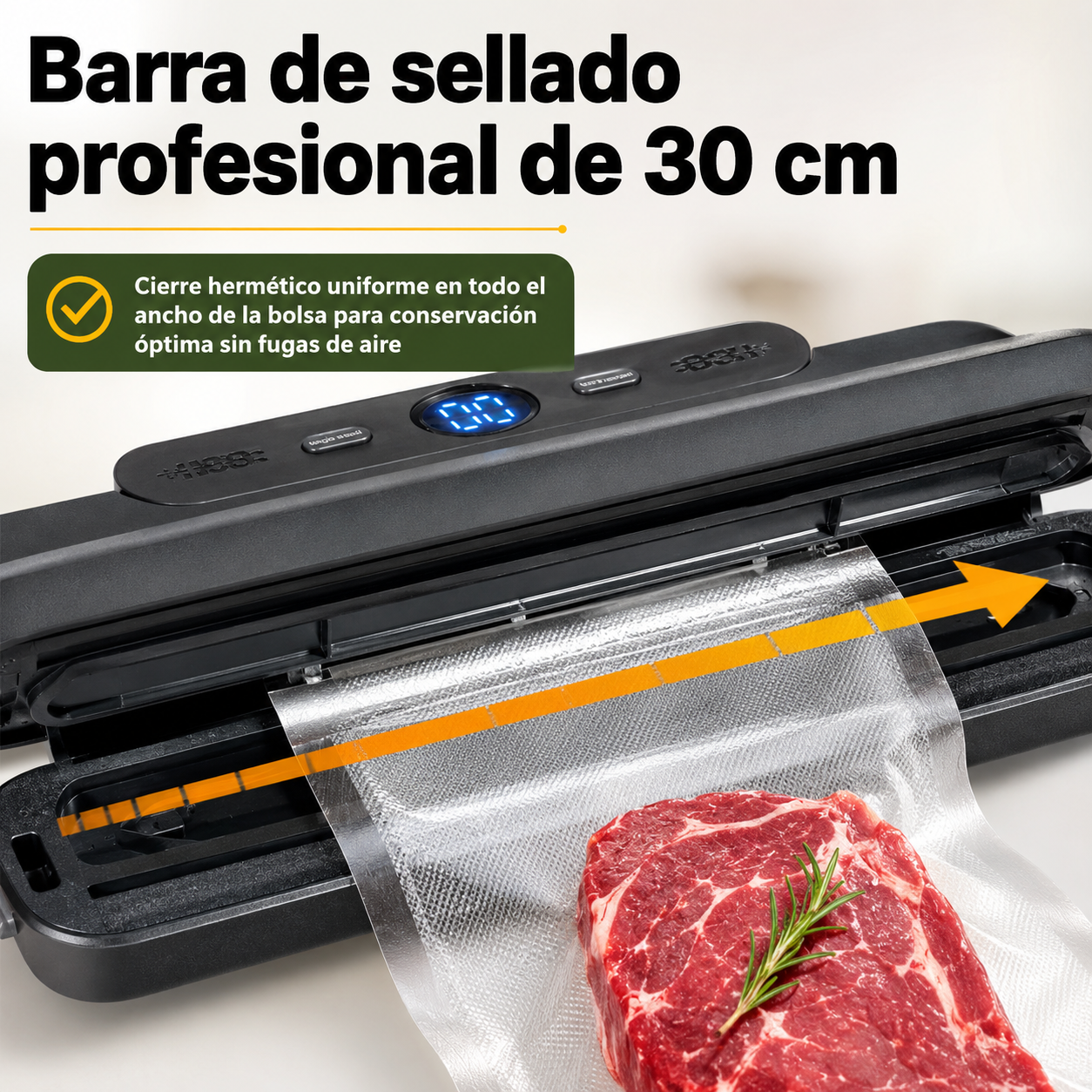 Detalle de la barra de sellado de 30 cm de la envasadora con bolsa en posición de cierre