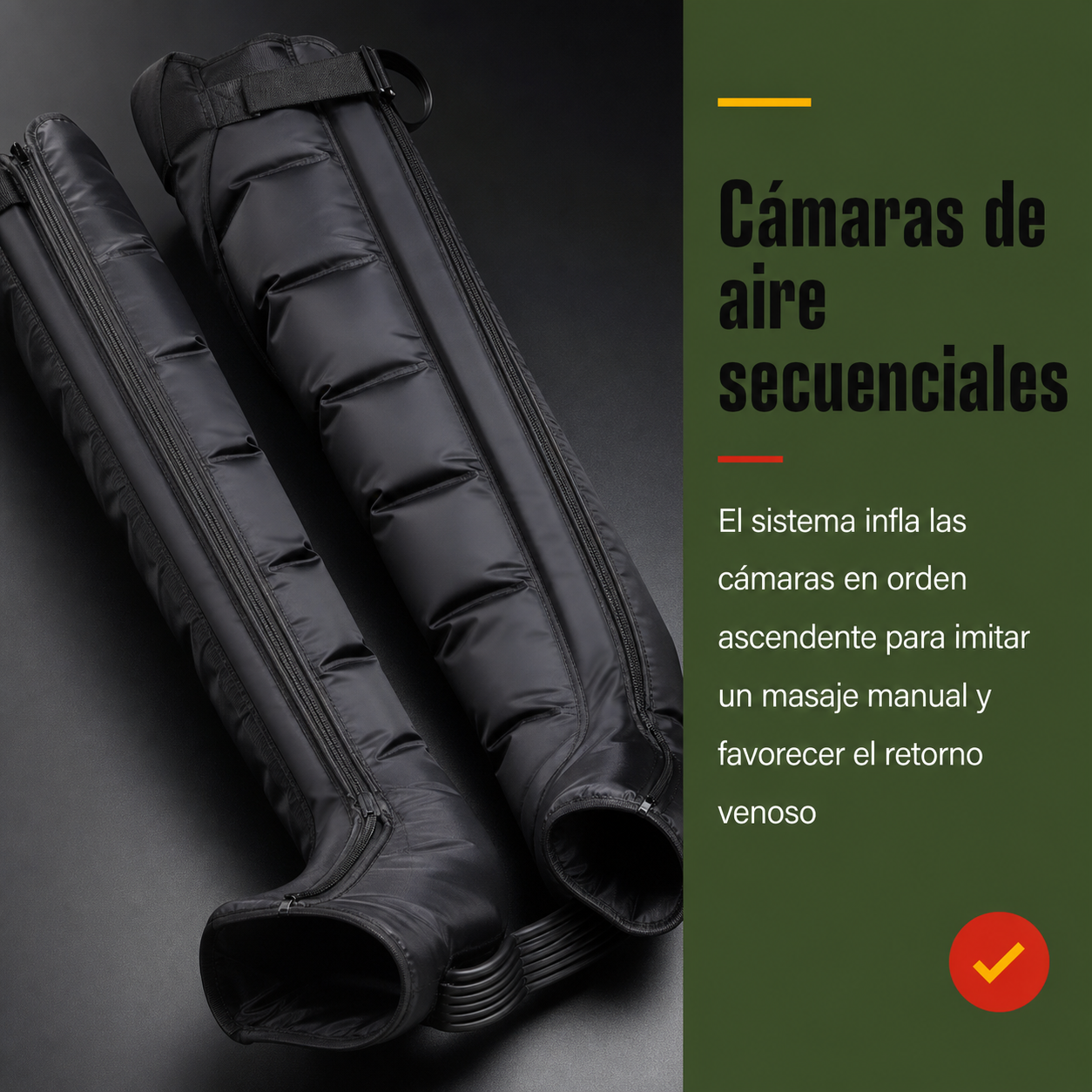 Detalle de las cámaras de aire internas del masajeador de piernas mostrando el sistema de compresión secuencial