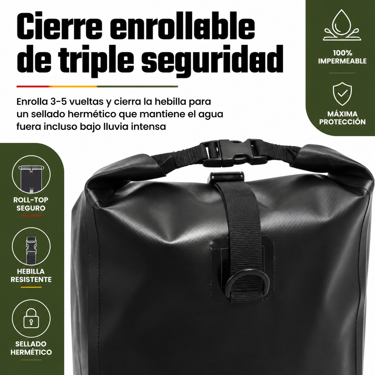 Detalle del cierre enrollable con hebilla de la alforja mostrando el sistema de sellado hermético en PVC
