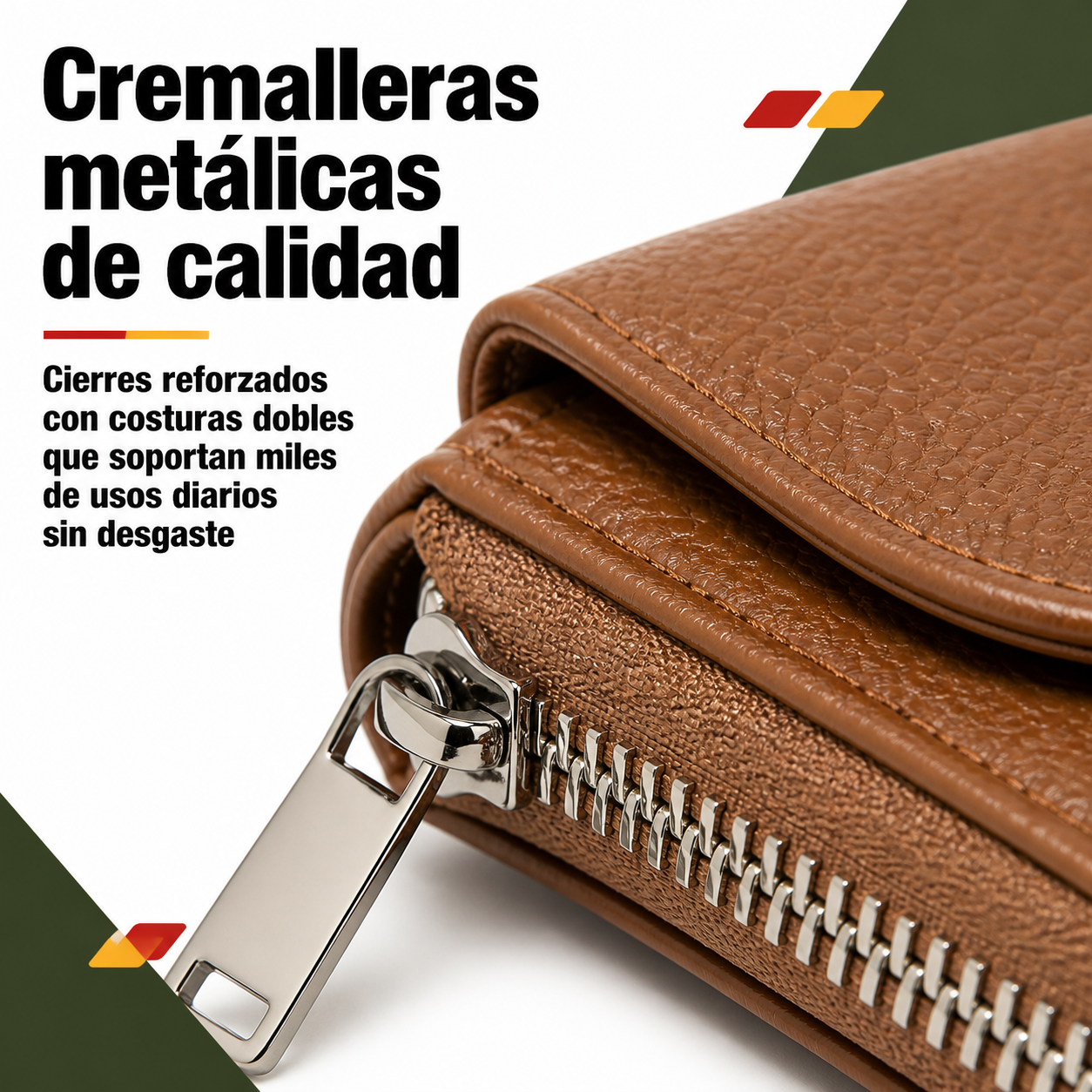 Detalle de la cremallera metálica reforzada y costuras dobles en piel auténtica de la cartera