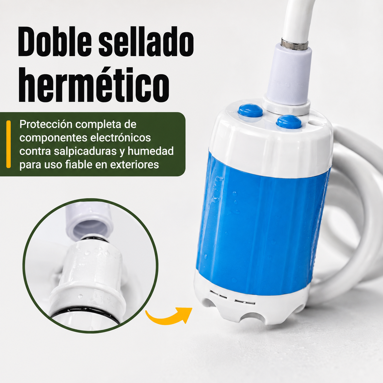 Detalle del sellado doble y carcasa resistente al agua de la bomba de ducha portátil