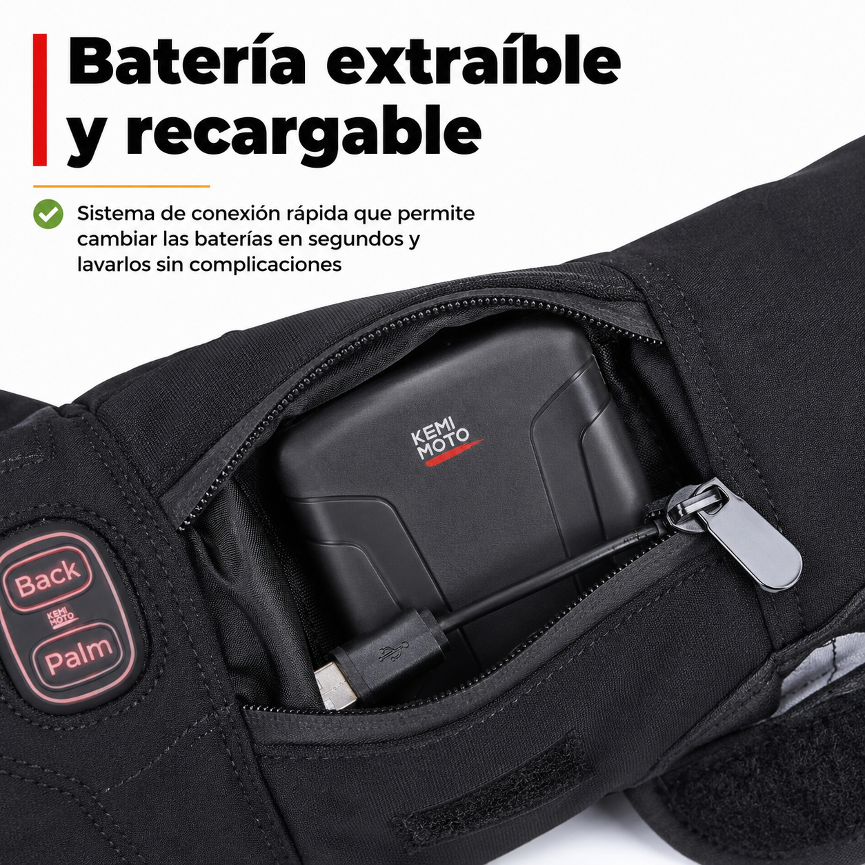 Detalle del compartimento de batería y sistema de calefacción interior de los guantes para moto