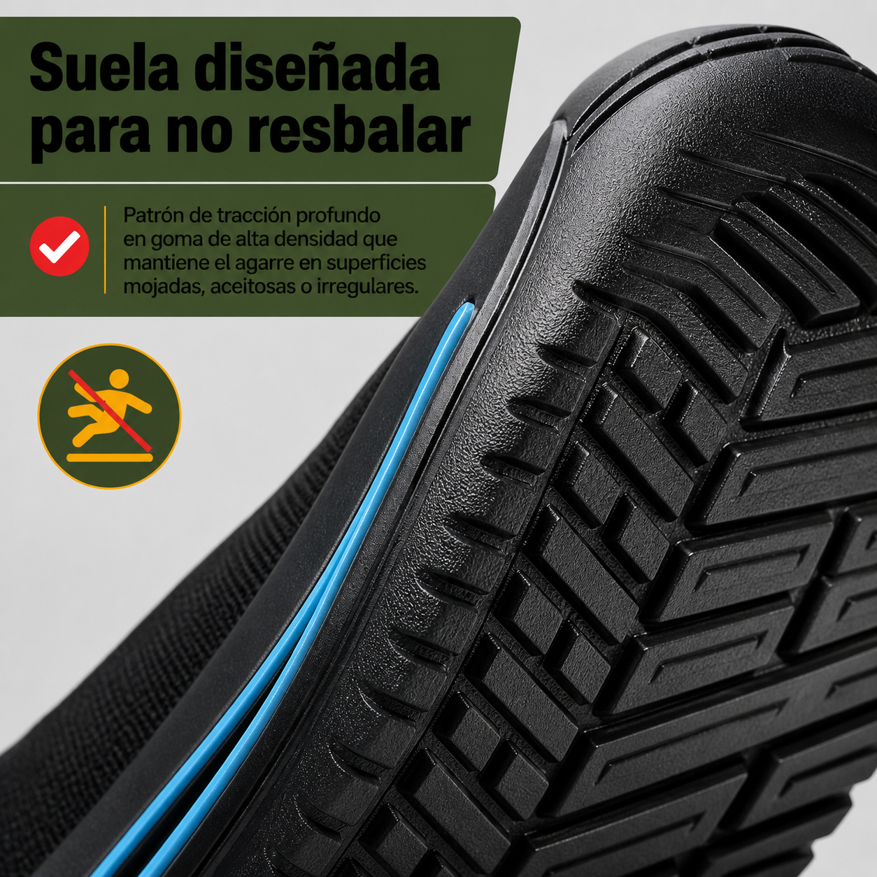 Detalle de la suela de goma antideslizante del zapato de seguridad con patrón de tracción visible