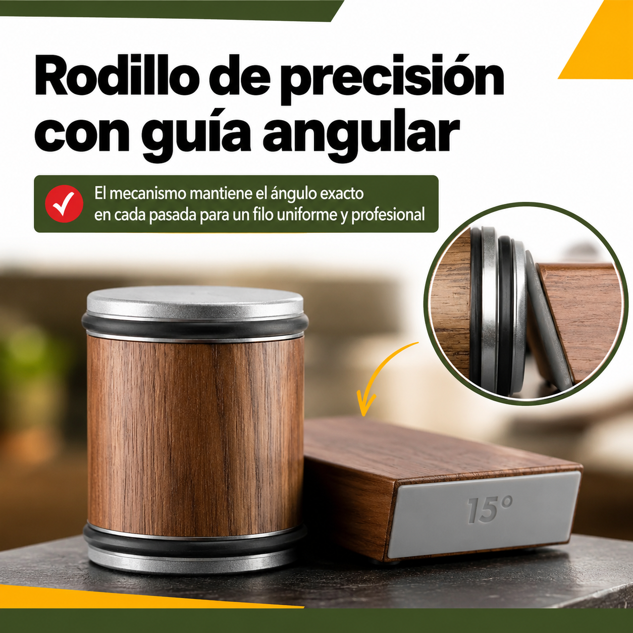 Detalle del rodillo guía con piedra de diamante y mecanismo de ángulo fijo del afilador