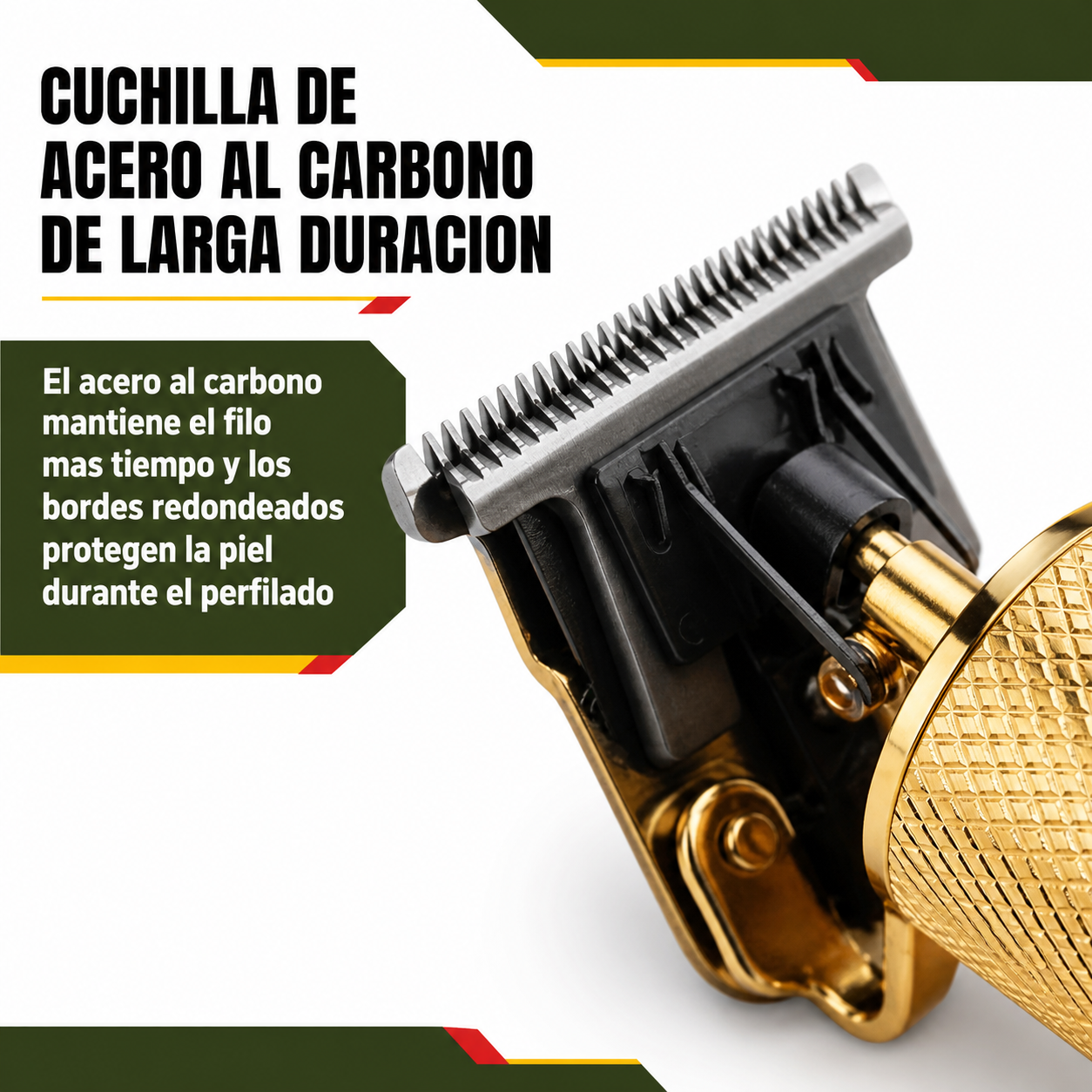 Detalle de la cuchilla en T de acero al carbono con bordes redondeados de la recortadora