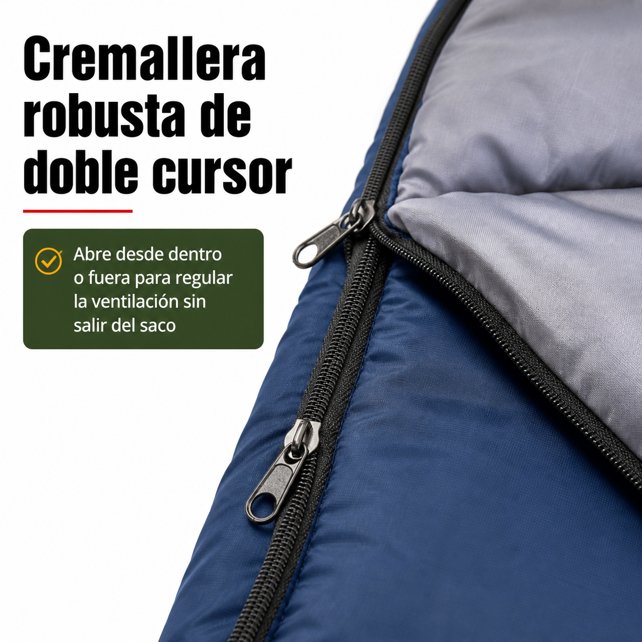 Detalle de la cremallera bidireccional del saco de dormir con cursor metálico