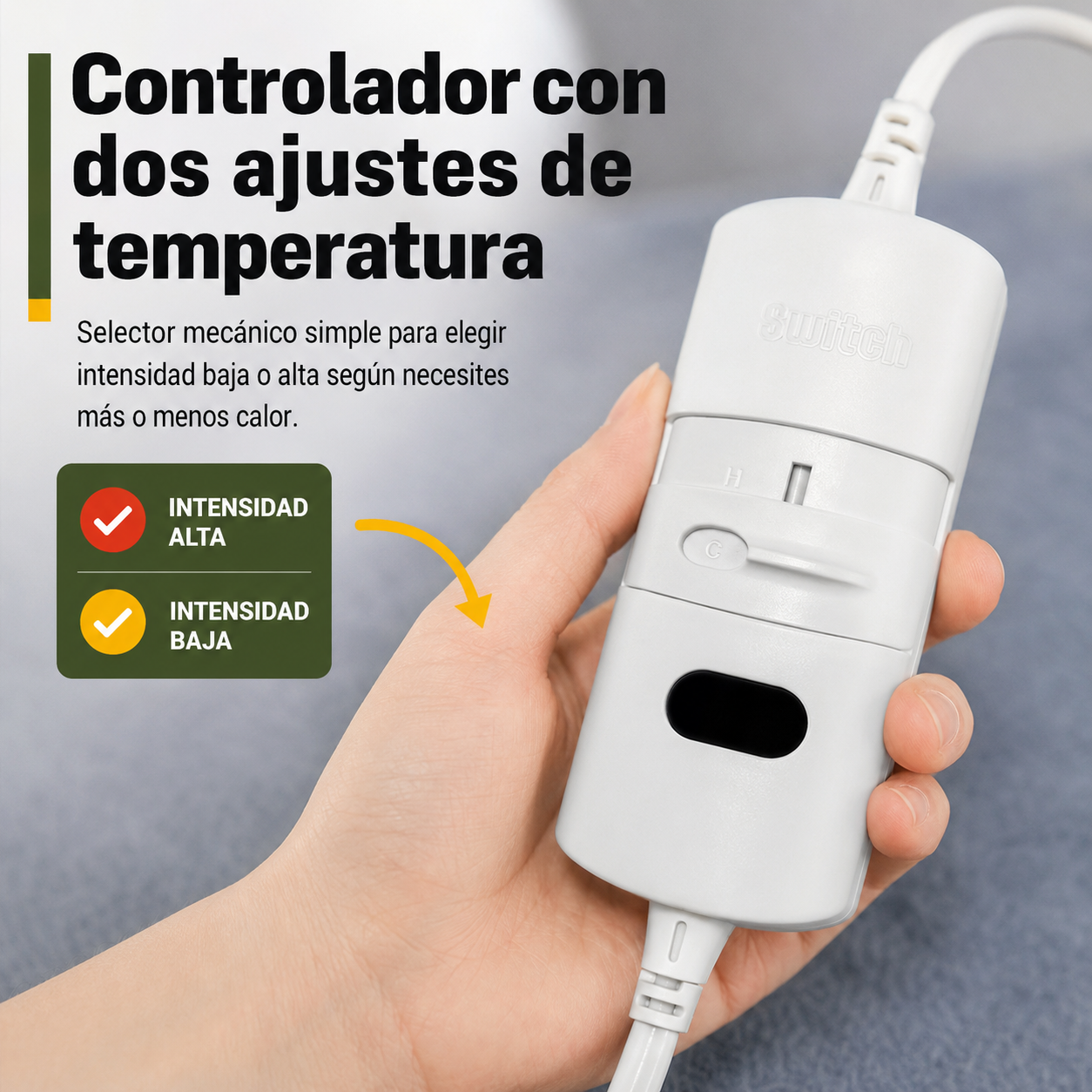 Detalle del controlador de temperatura con dos niveles de ajuste de la manta eléctrica