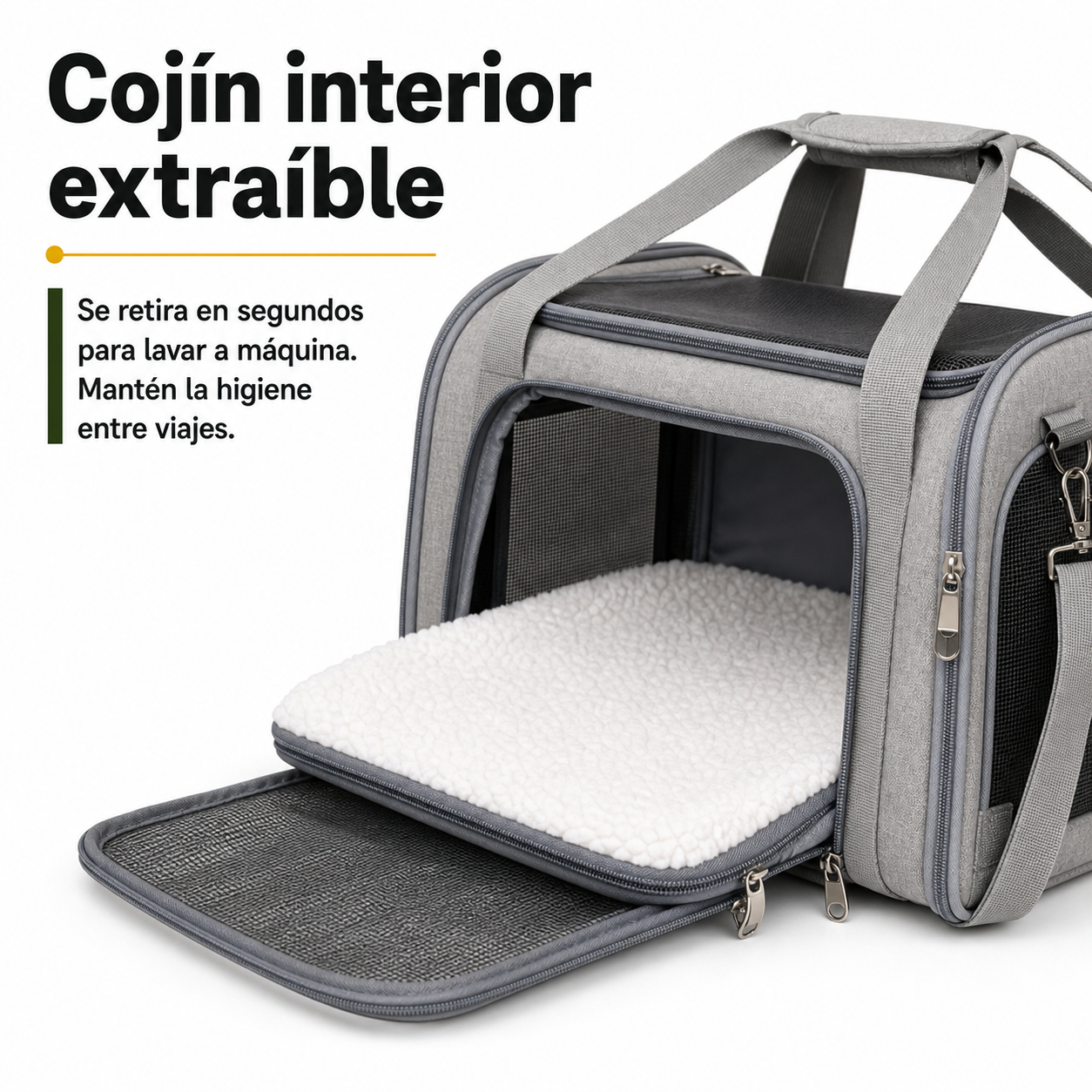 Detalle del interior del transportín mostrando el cojín acolchado extraíble y costuras reforzadas