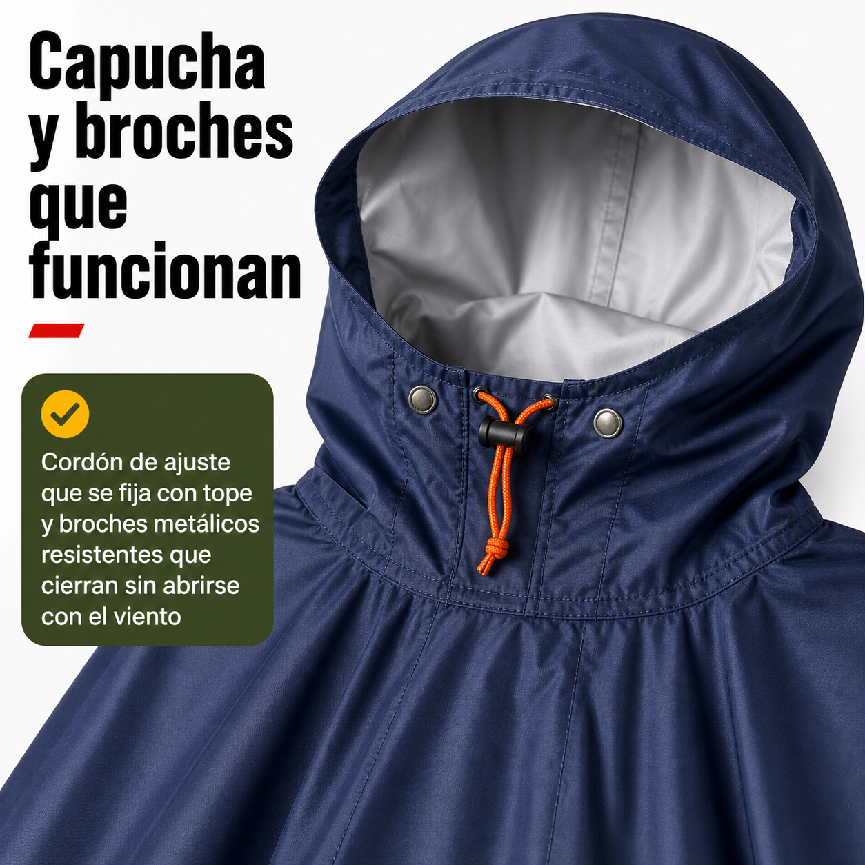 Detalle de capucha ajustable con cordón y broches frontales del poncho impermeable multiusos