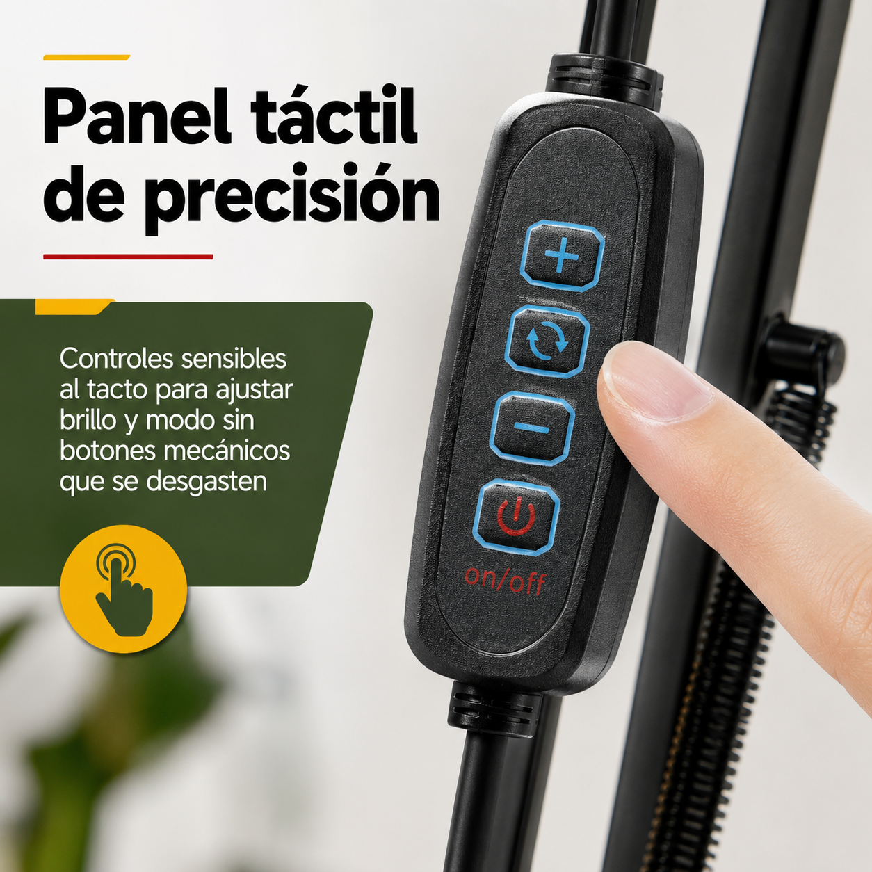 Detalle del cabezal LED de la lámpara mostrando la calidad de construcción en acero inoxidable y panel táctil