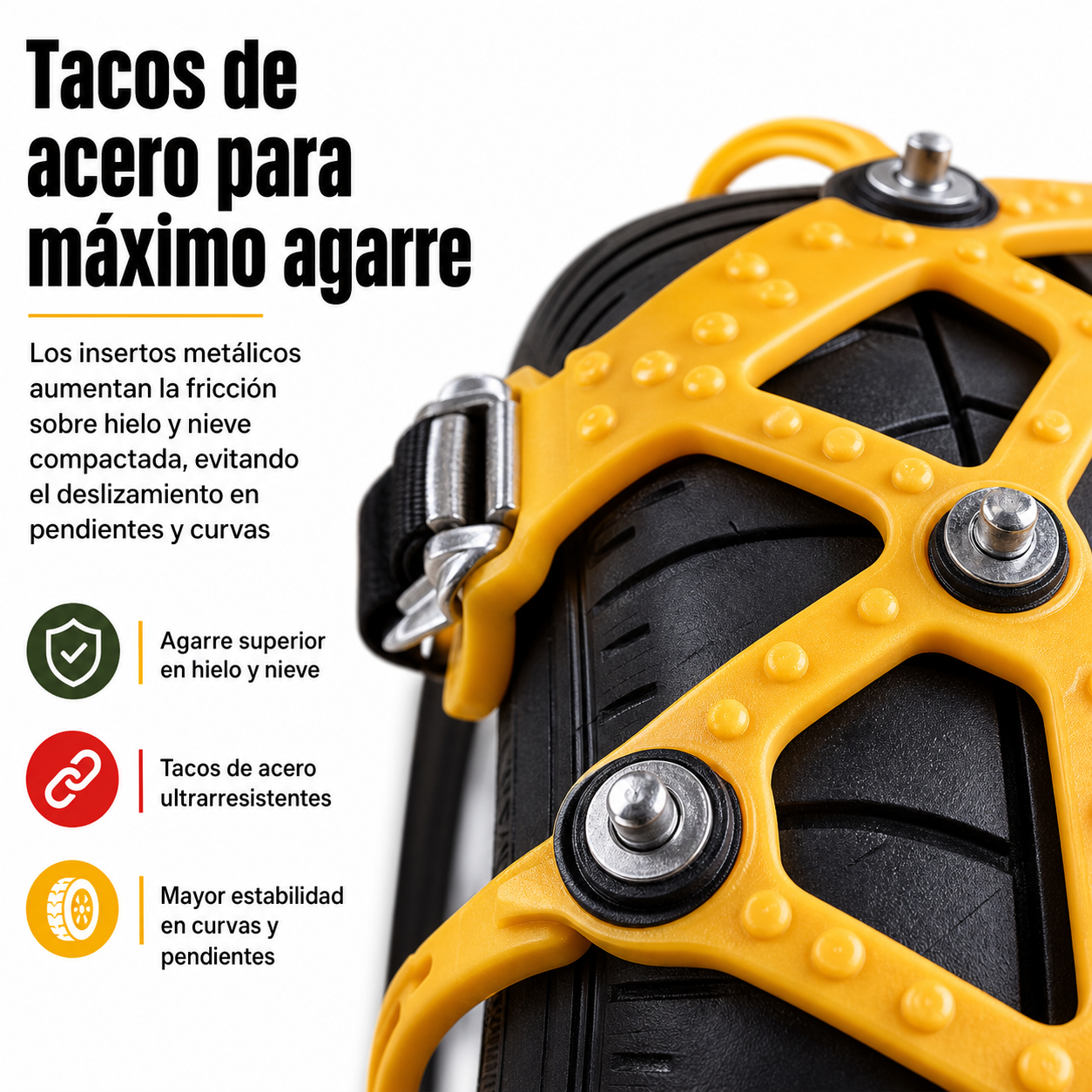 Detalle en primer plano de los tacos de acero incrustados en el material TPU de la cadena de nieve