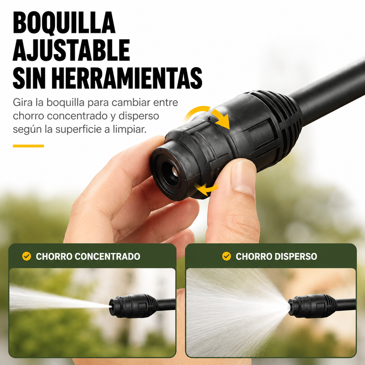 Detalle de la boquilla ajustable de la hidrolimpiadora mostrando los diferentes patrones de chorro disponibles
