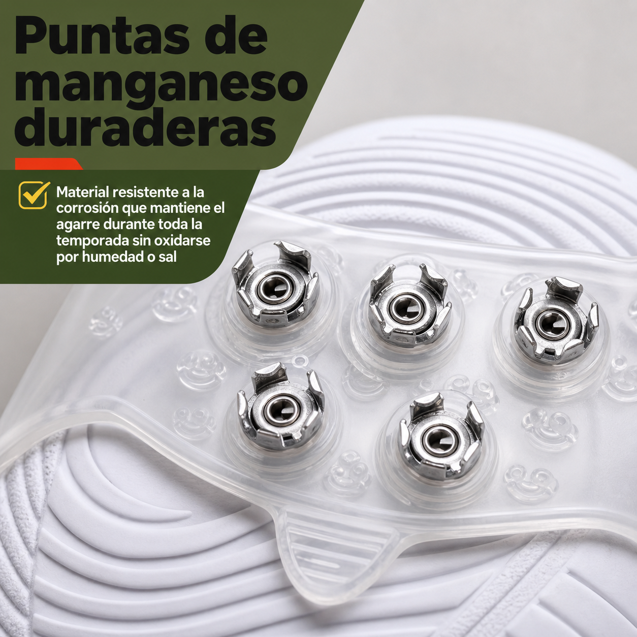 Detalle de las puntas de manganeso del crampón mostrando la disposición y el material resistente
