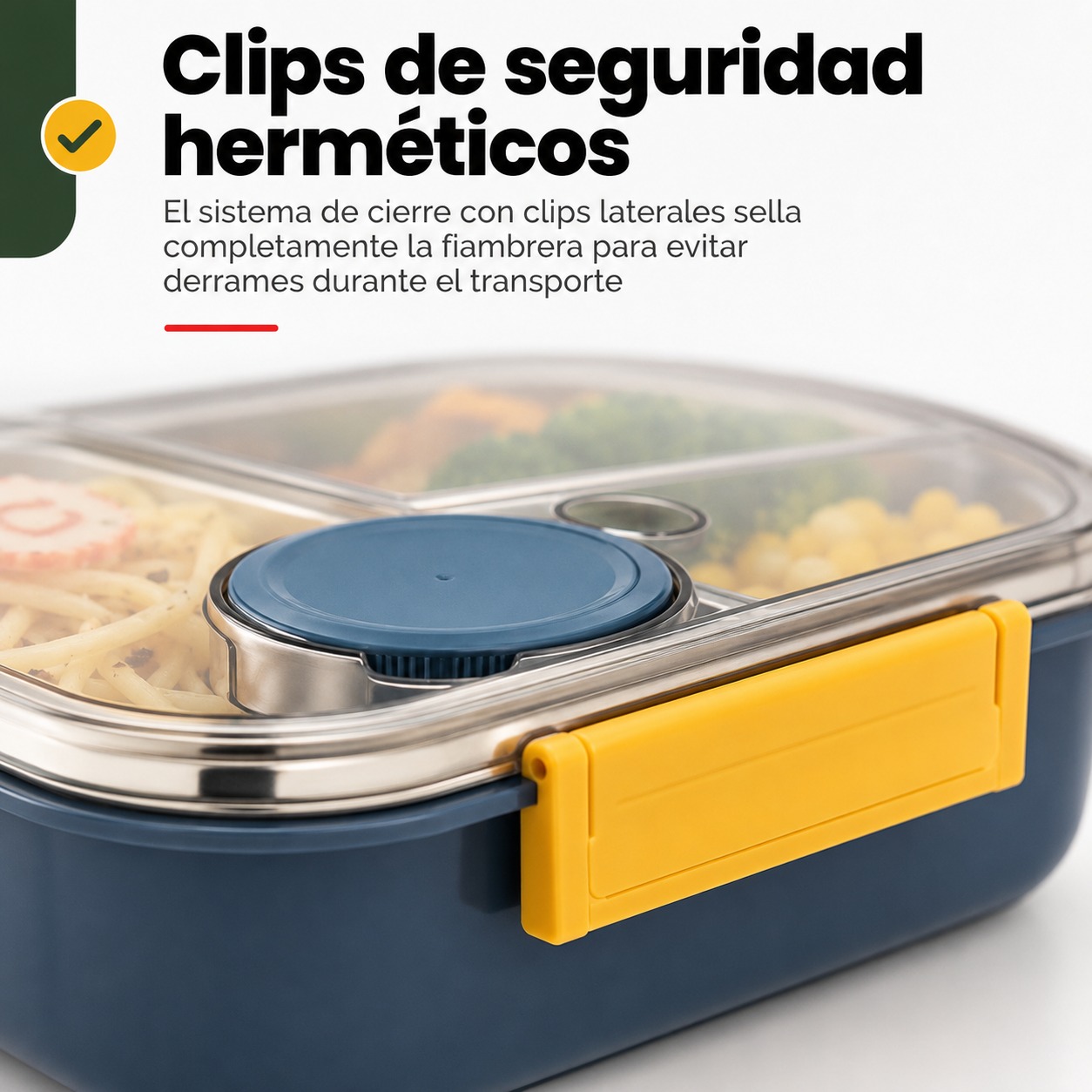 Detalle del cierre hermético con clips de seguridad de la fiambrera térmica