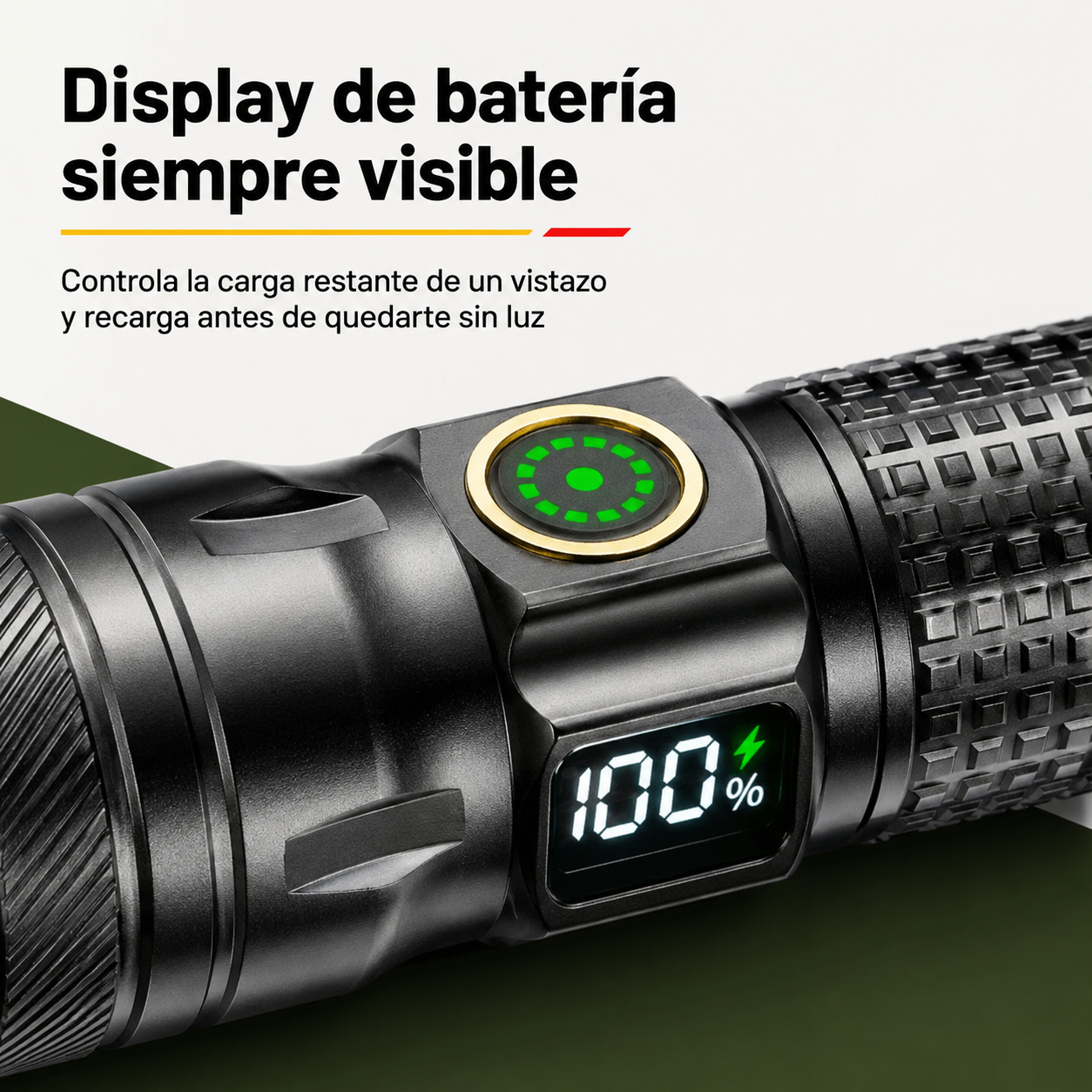 Detalle del display de batería integrado en la linterna LED recargable de aluminio
