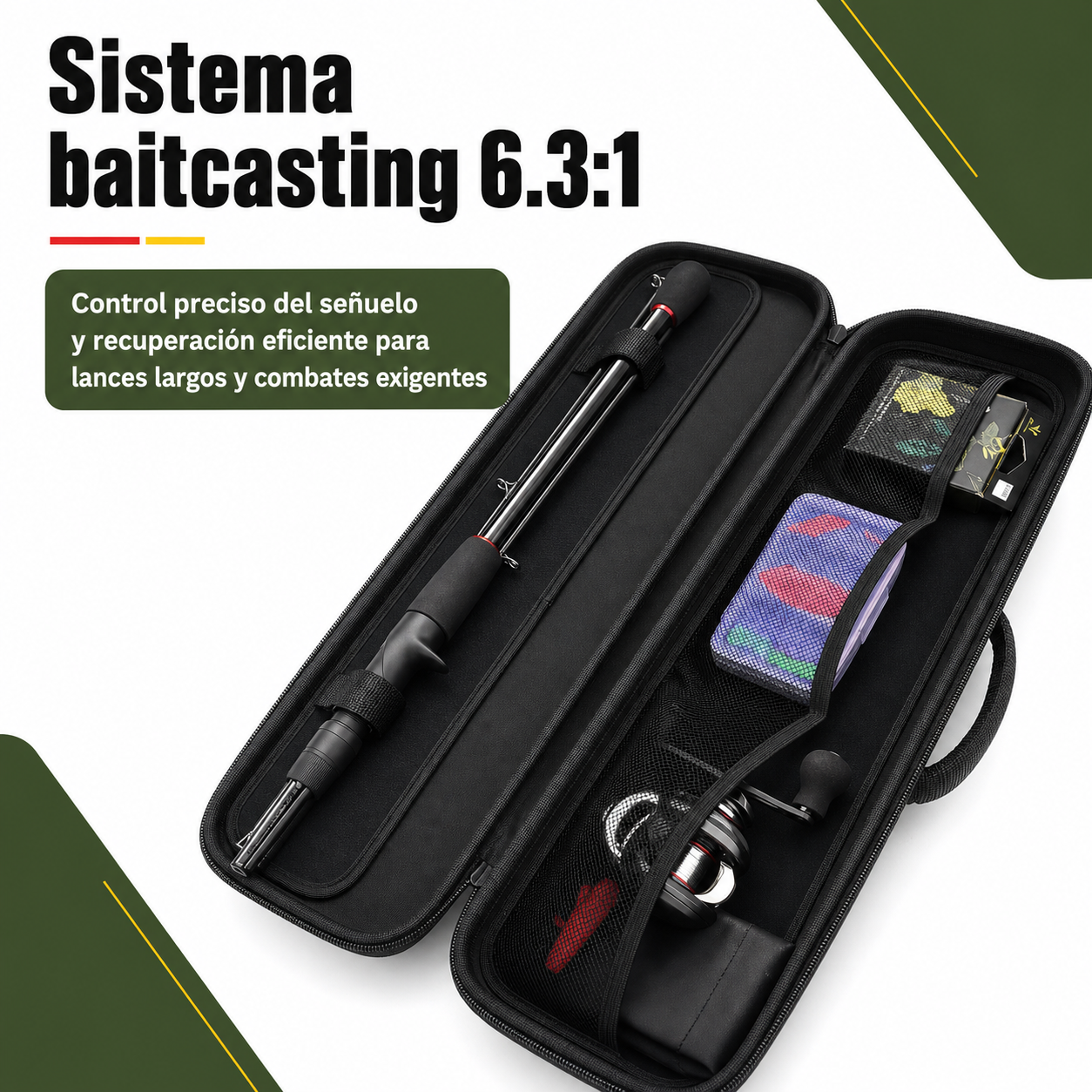 Detalle del carrete baitcasting mostrando el sistema de freno y la relación de recuperación 6.3:1