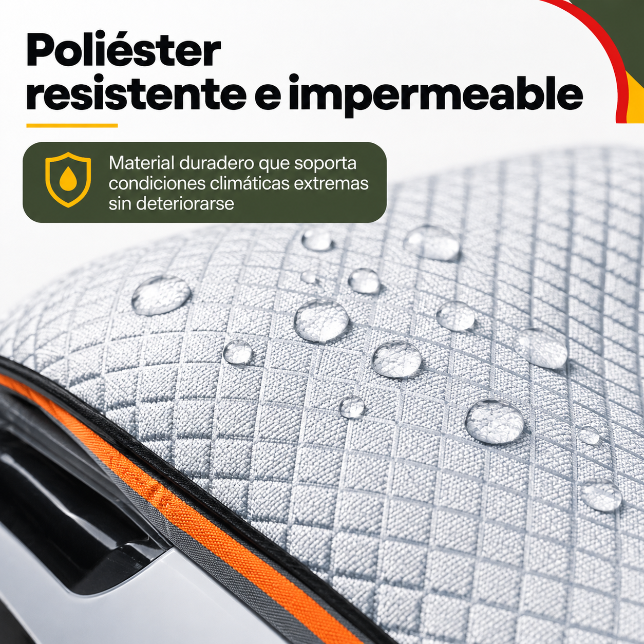 Detalle del sistema de fijación lateral de la cubierta parabrisas en poliéster resistente al agua