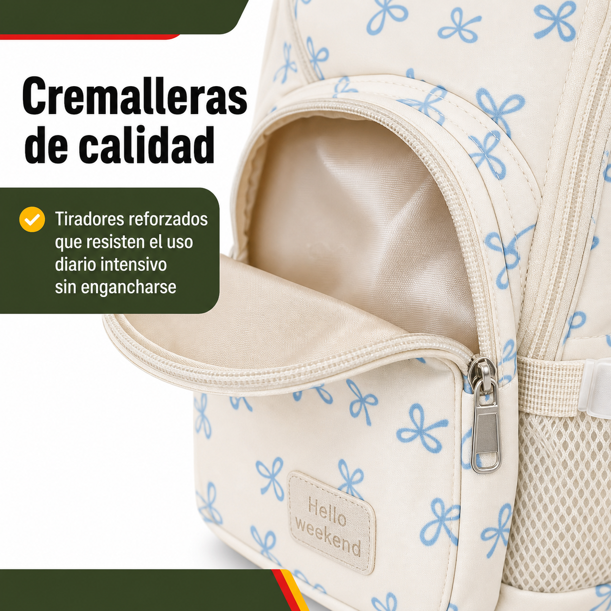 Detalle de la cremallera y costuras reforzadas de la mochila escolar de nailon con estampado de lazos