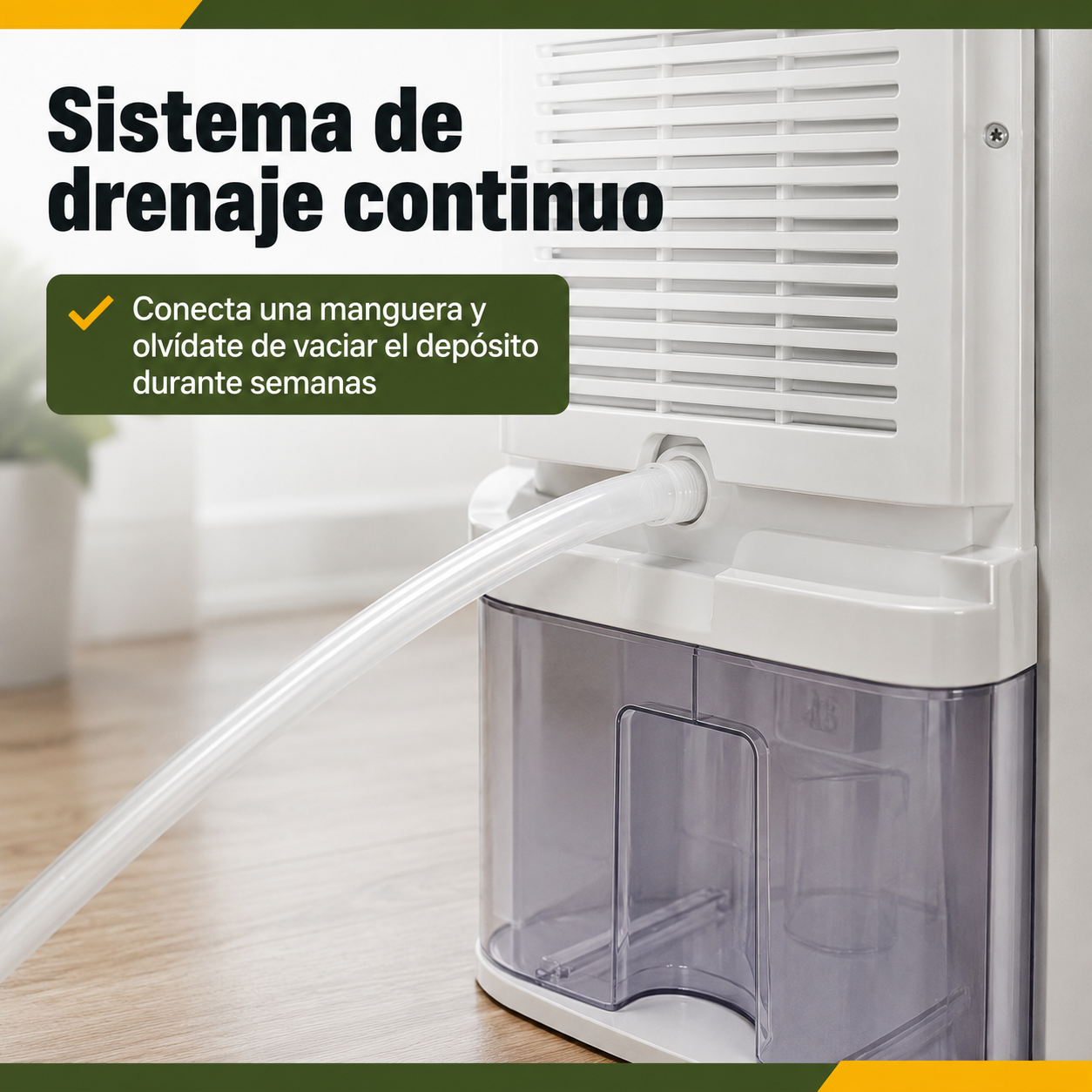 Detalle del sistema de drenaje continuo del deshumidificador con conexión para manguera de evacuación automática
