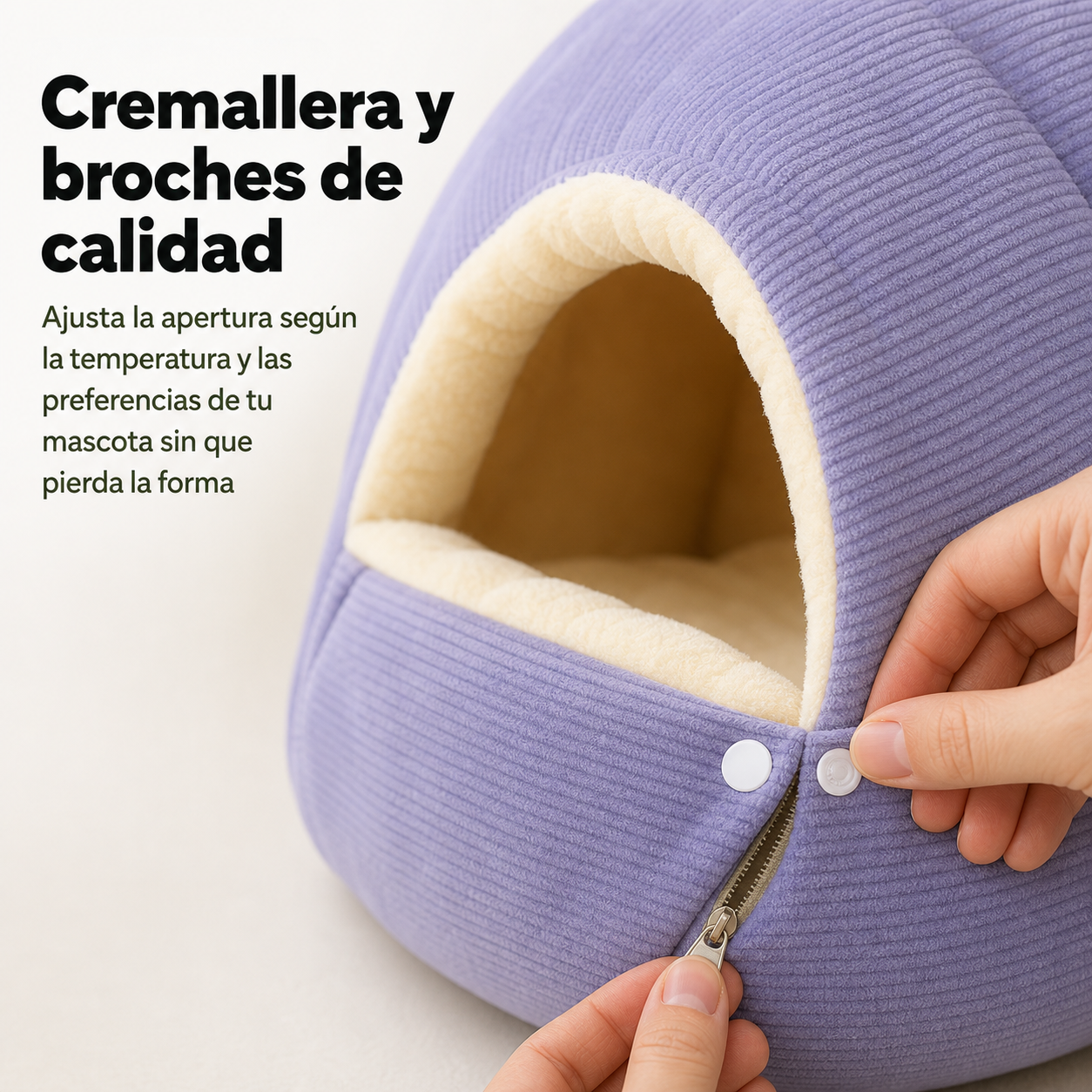 Detalle de la cremallera y los broches de presión de la entrada ajustable de la cama cueva