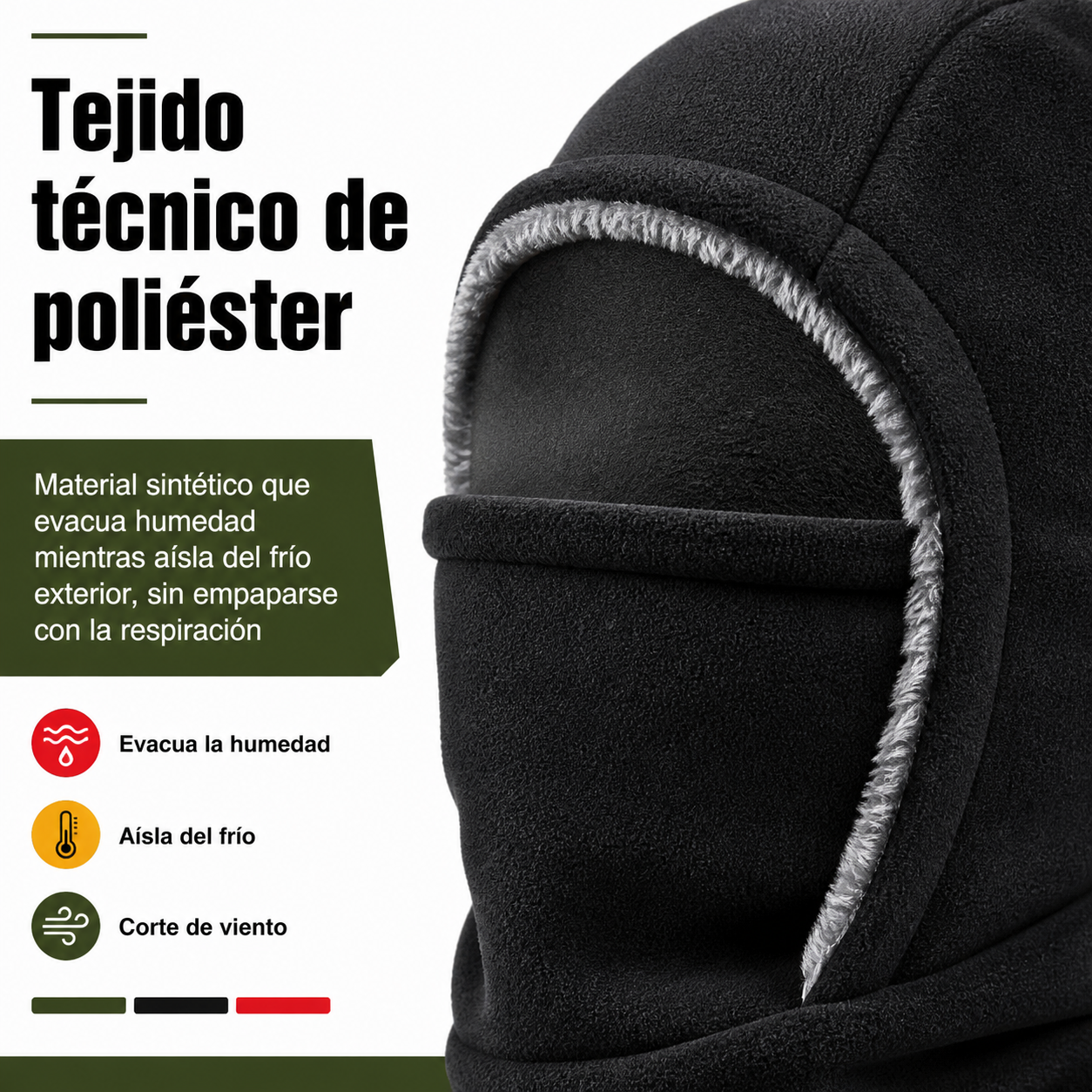Detalle del tejido de poliéster del pasamontañas mostrando la textura y elasticidad del material
