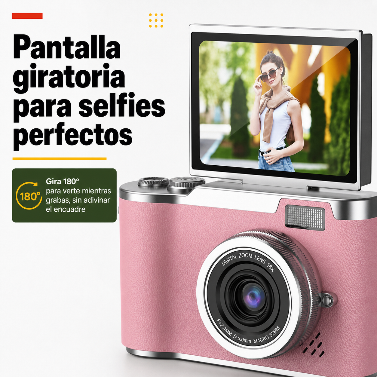 Detalle de la pantalla abatible de 2,4 pulgadas de la cámara digital girando 180 grados