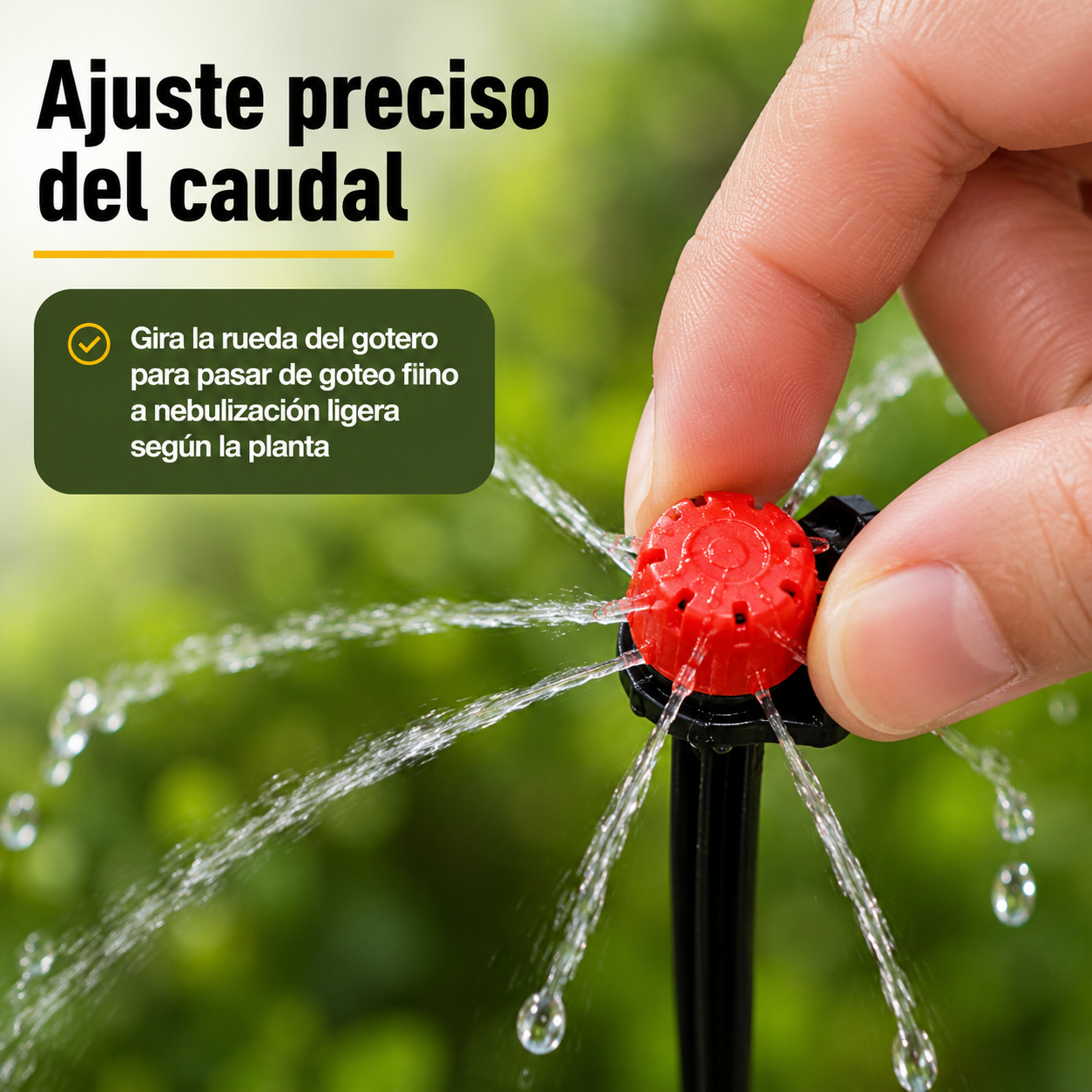 Detalle del gotero regulable mostrando la rueda de ajuste de caudal