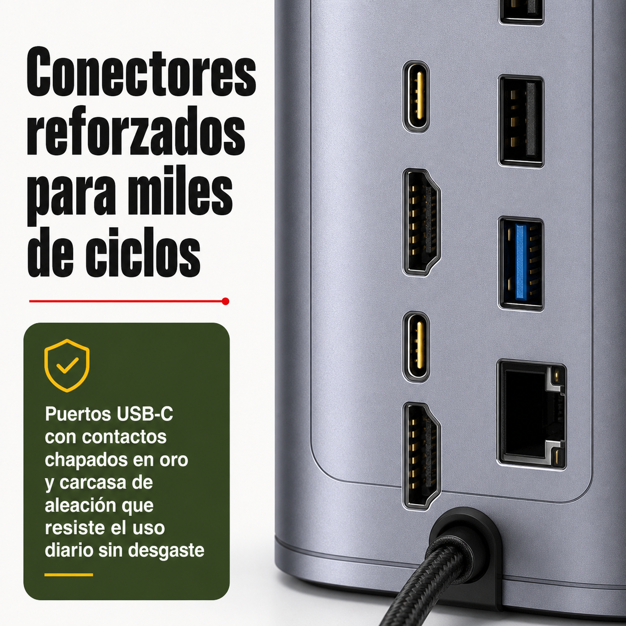 Detalle de los puertos USB-C 3.2 y conectores HDMI del hub mostrando su construcción de calidad